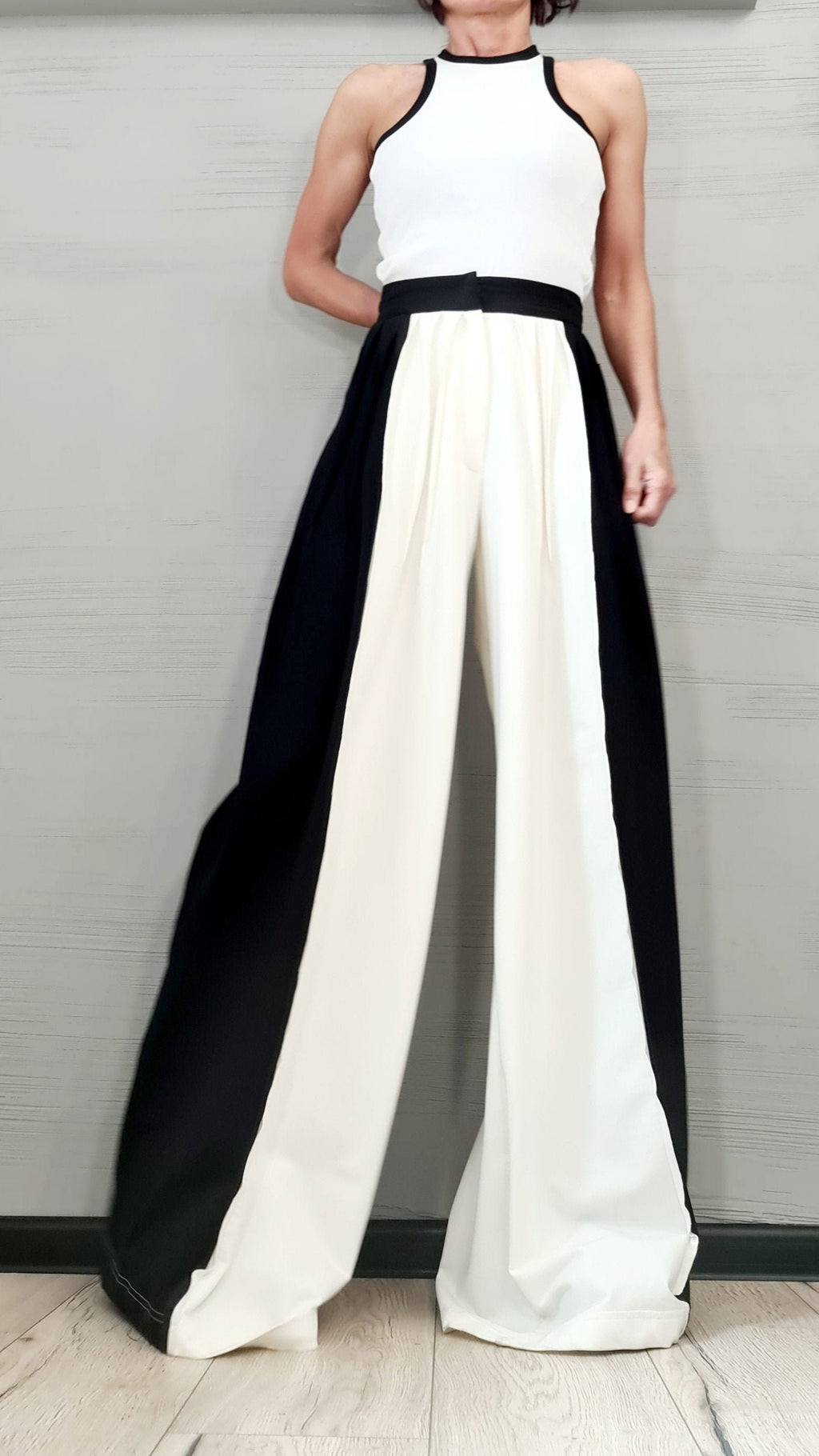 Black White French Terry Pants, Drop Crotch Trousers, Wide Leg Design