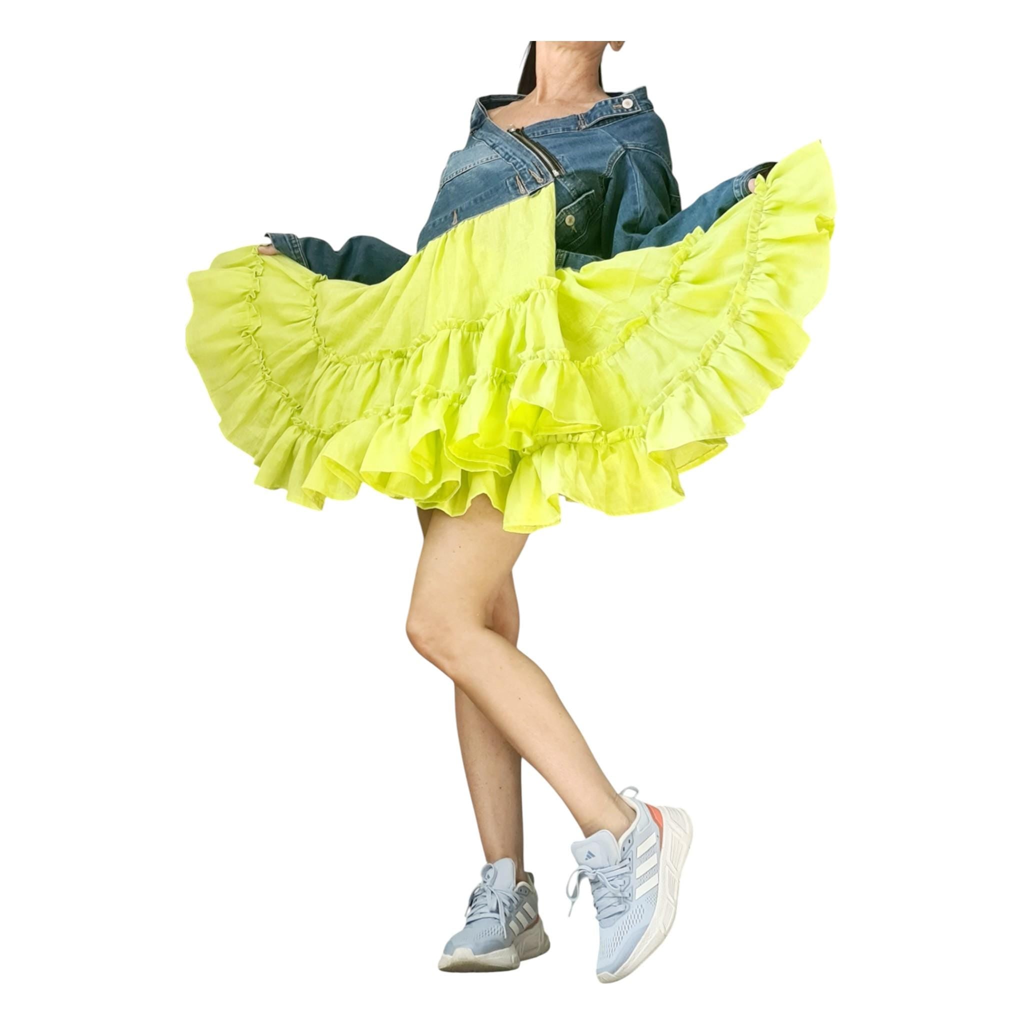 Off Shoulder Denim and Linen Dress for Women, Lime Ruffle Skirt, Asymmetric Oversize Clothing