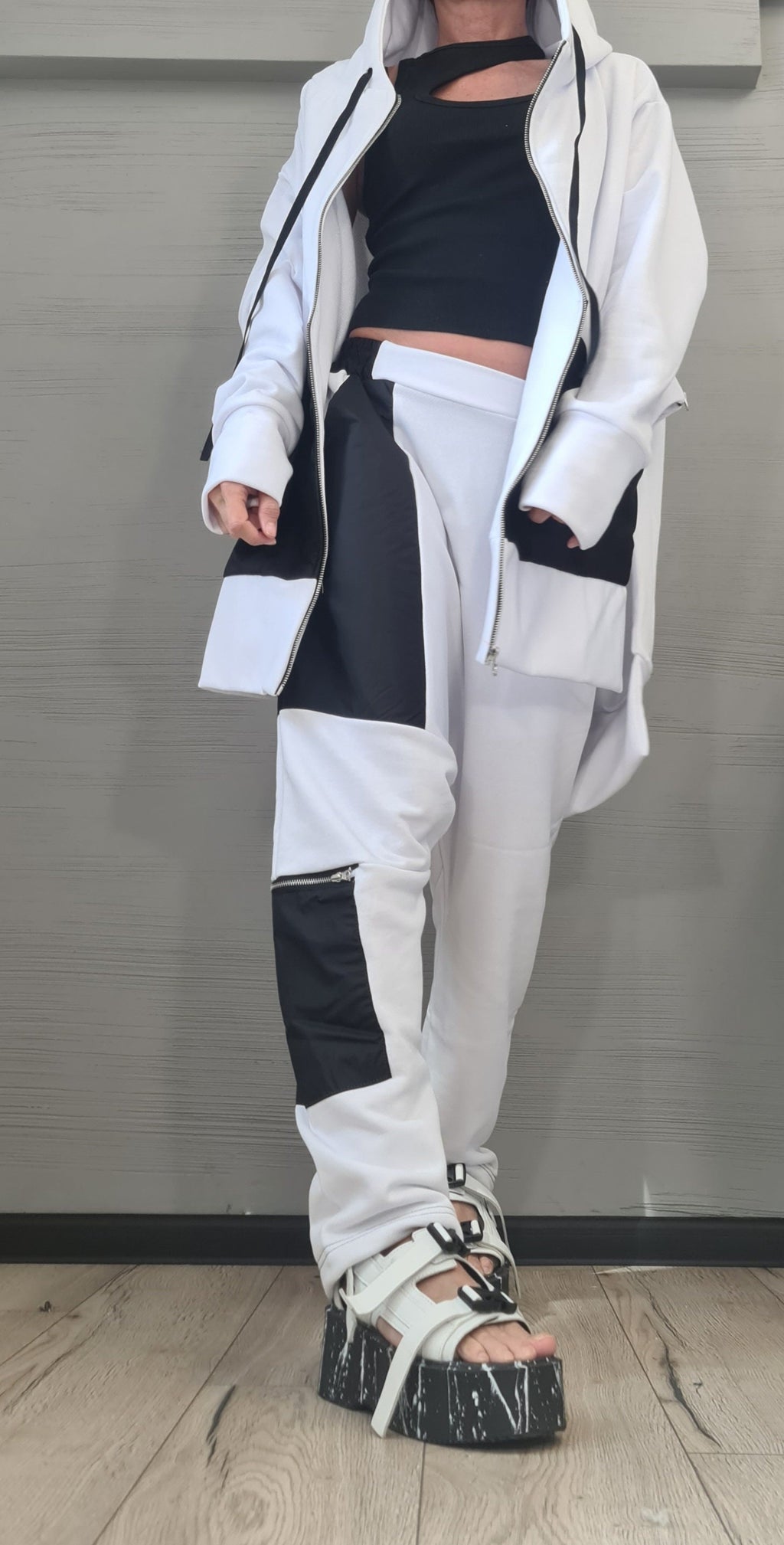 White Black Patchwork Harem Pants, Oversized Long Hooded Jacket, Contrast Panels, Two-Piece Co-Ord Set