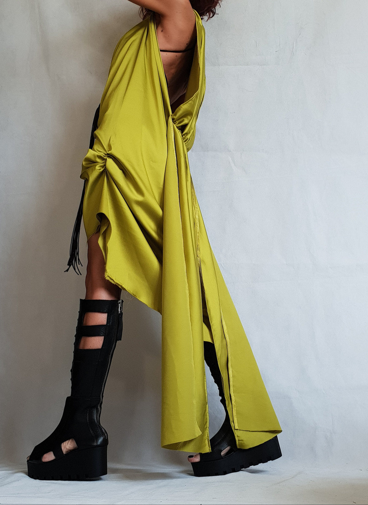 Mustard Satin Asymmetric Tunic, Open Back Mini Dress, Fitted Silhouette, Avant Garde Clothing