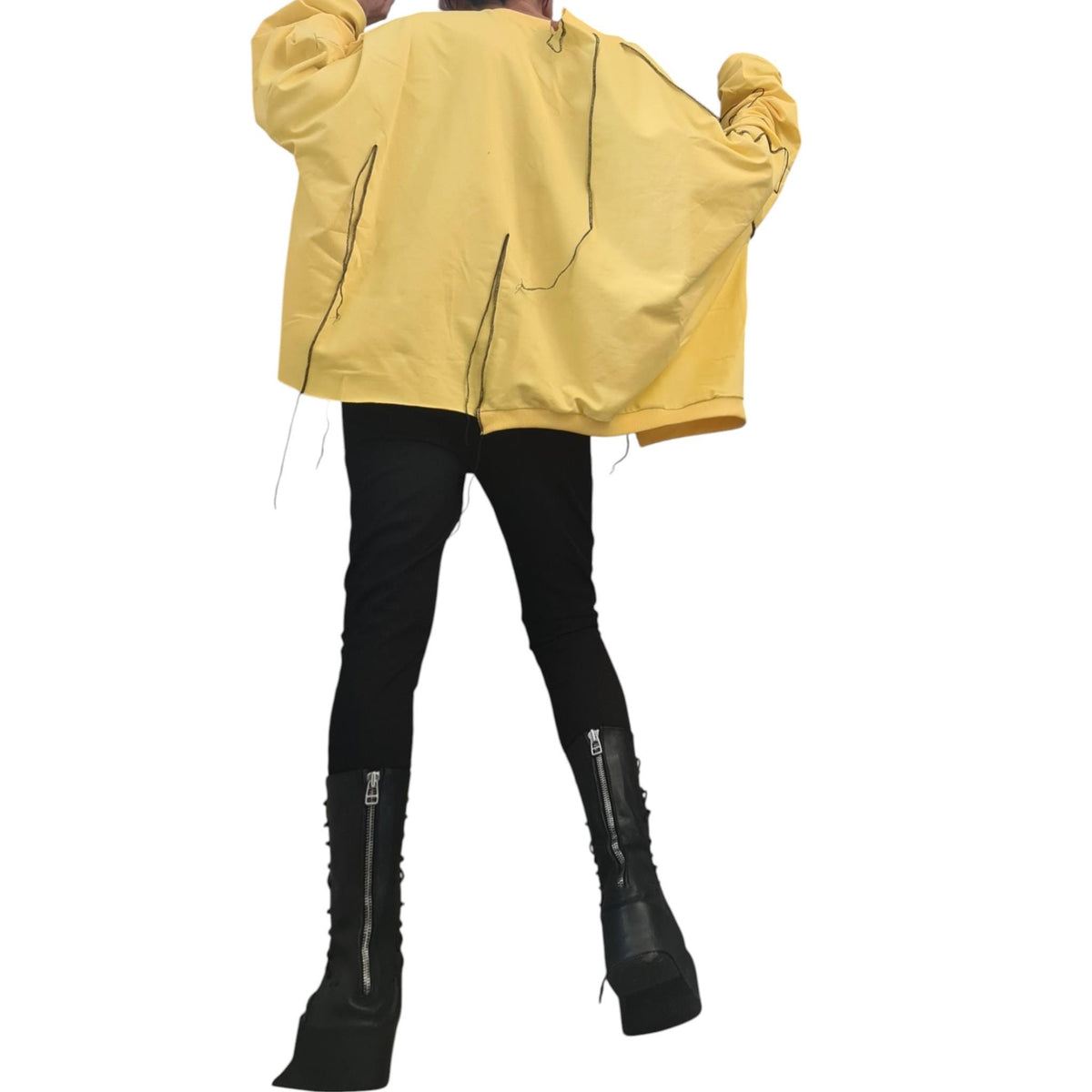 Yellow Cotton Oversize Tunic Top, Asymmetric Loose Cut, Black Contrast Seams, Plus Size Blouse