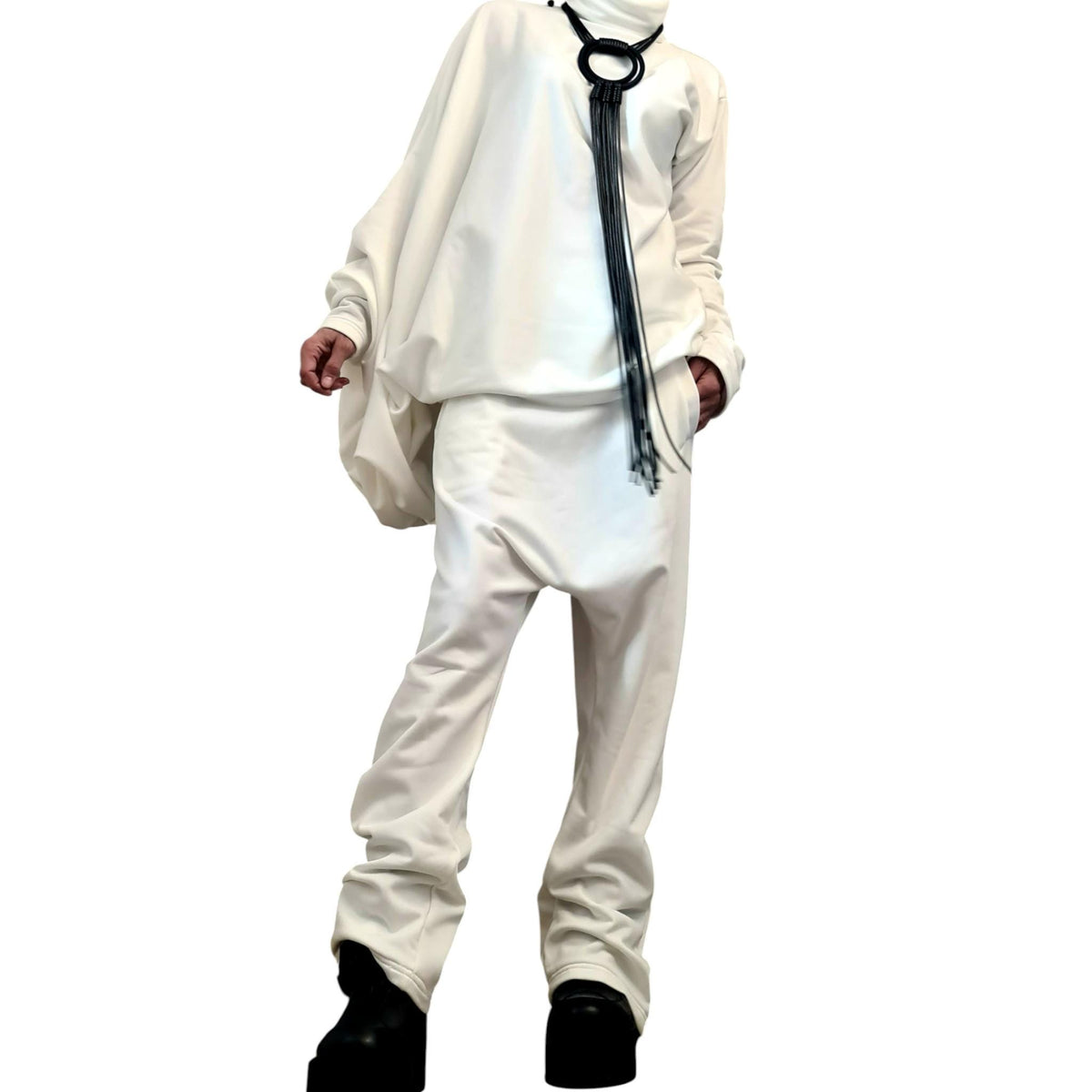 White Cotton Drop Crotch Harem Pants, Oversized Asymmetrical Batwing Turtleneck Top, Two-Piece Co-Ord Set