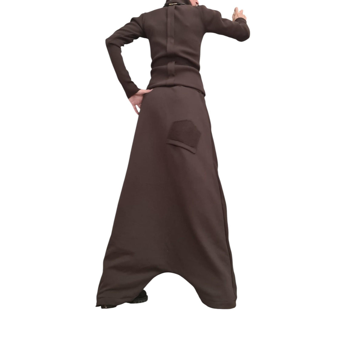 Brown Cotton Floor-Length Harem Pants, Extreme Drop Crotch, Fitted Turtleneck Long-Sleeve Top, Co-Ord Set