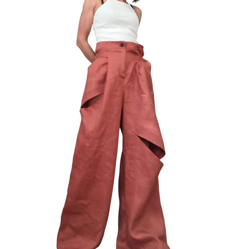 Red Linen Harem Pants for Women, Wide Leg Punk Style Trousers, Urban Avant Garde