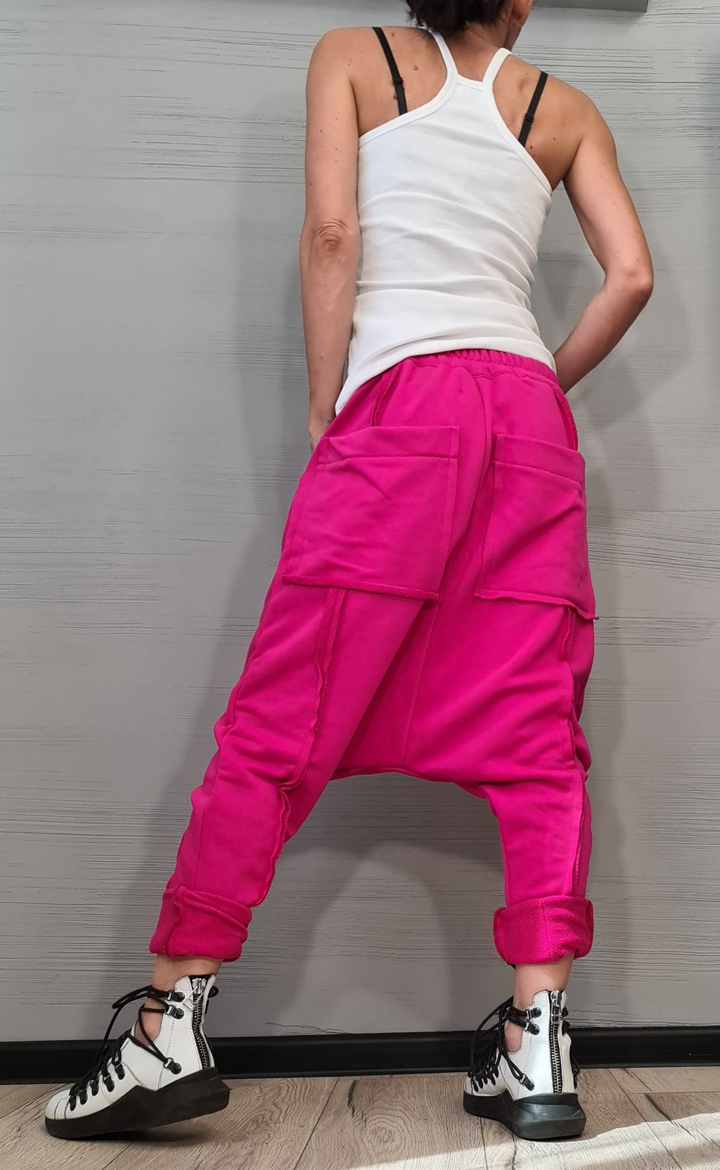 Fuchsia French Terry Drop Crotch Pants, Avant Garde Cotton Harem Trousers