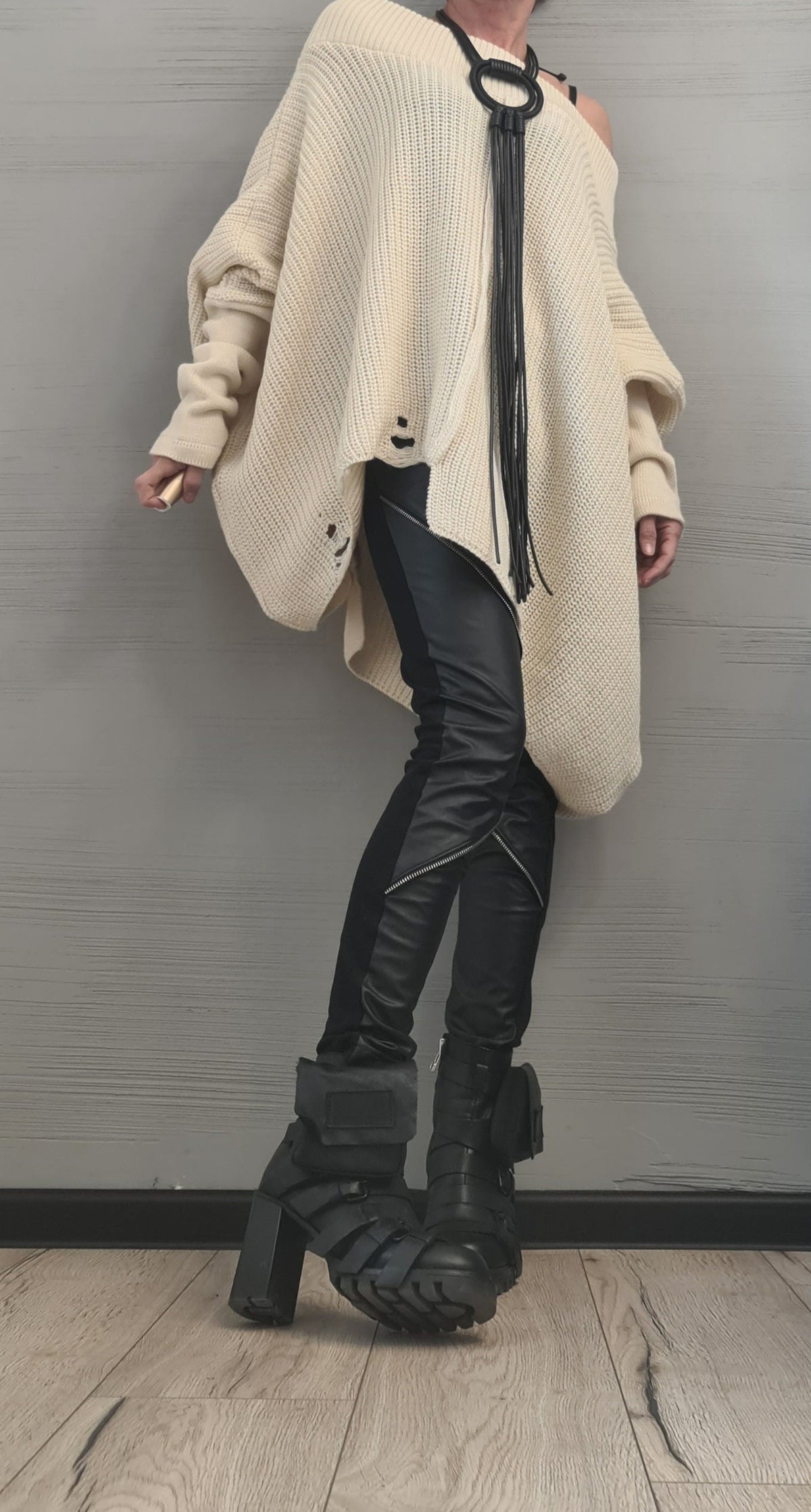 Beige Asymmetrical Knitted Tunic, Oversized Knit Sweater, Plus Size Top