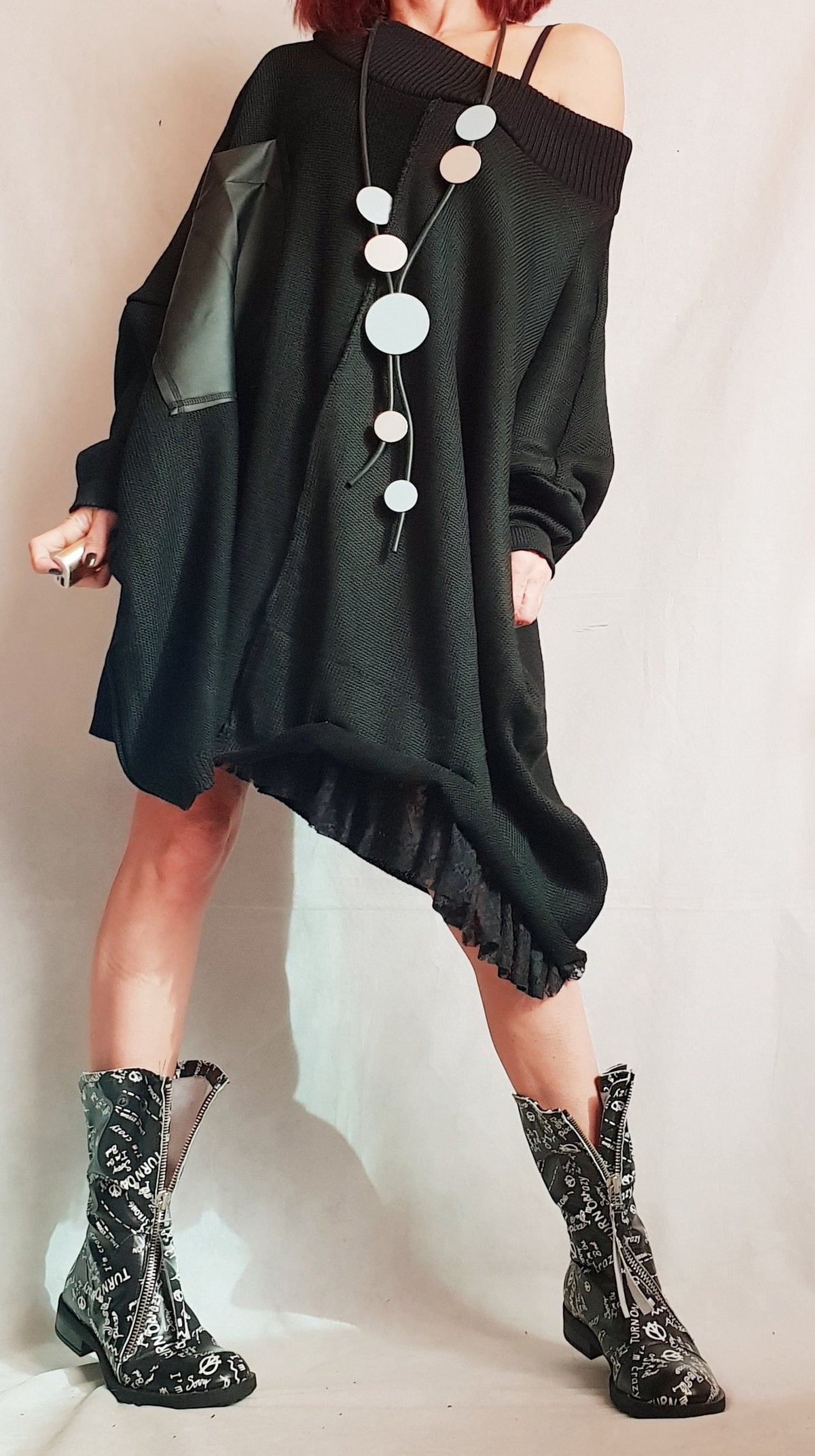 Black Asymmetrical Knitted Tunic, Oversized Long Sleeve Sweater, Plus Size Top