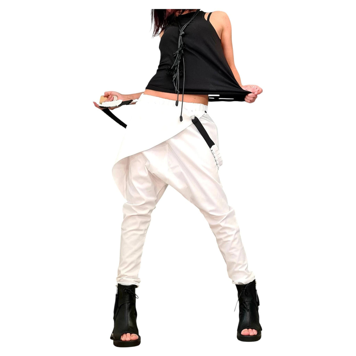 White Harem Pants, Wrap Front Design, Slim Leg, Decorative Suspenders, Wedding Outfit