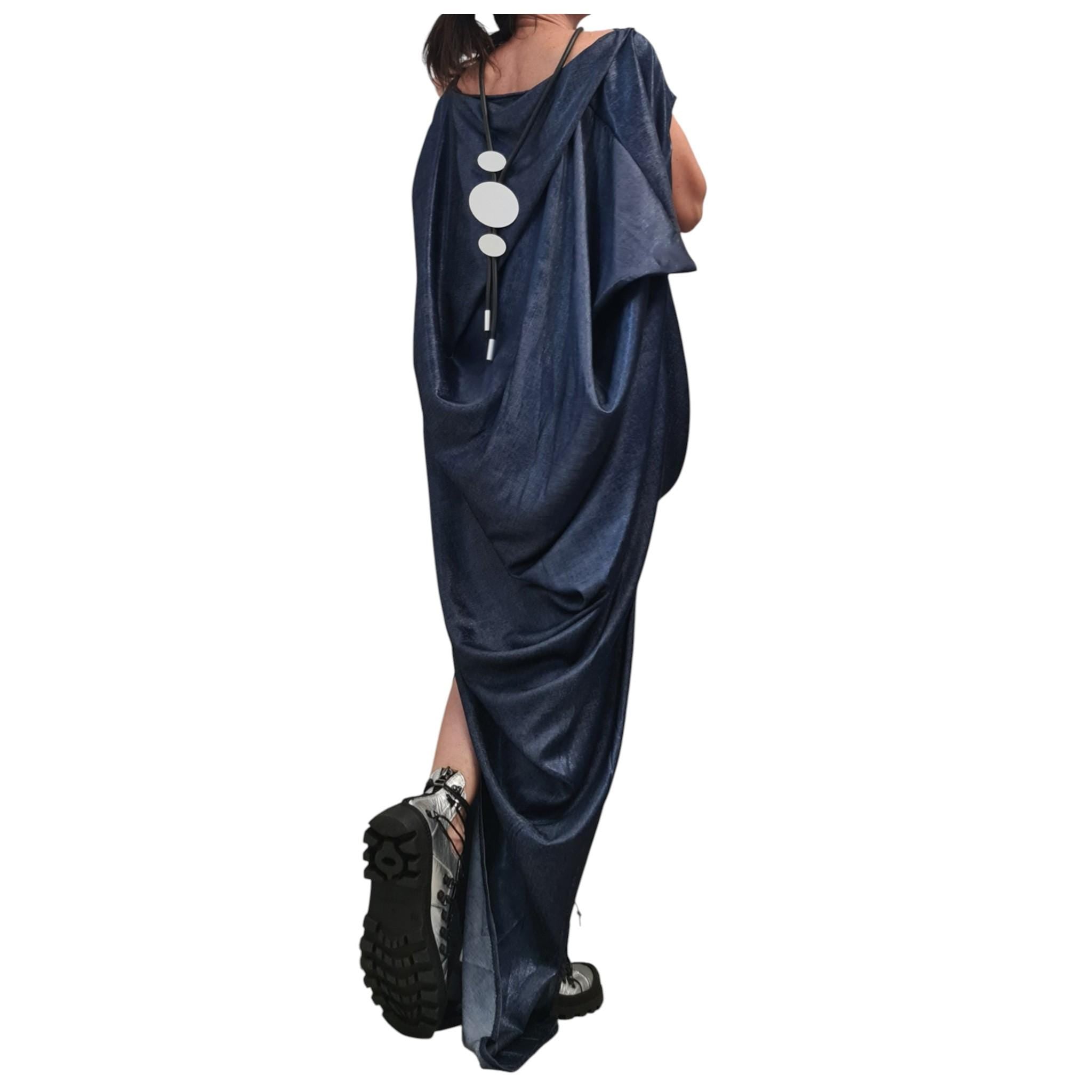 Denim Extravagant Long Dress, Shiny denim Avant Garde Dress, One Shoulder Dress, Drape Dress, Loose Dress, without sleeve