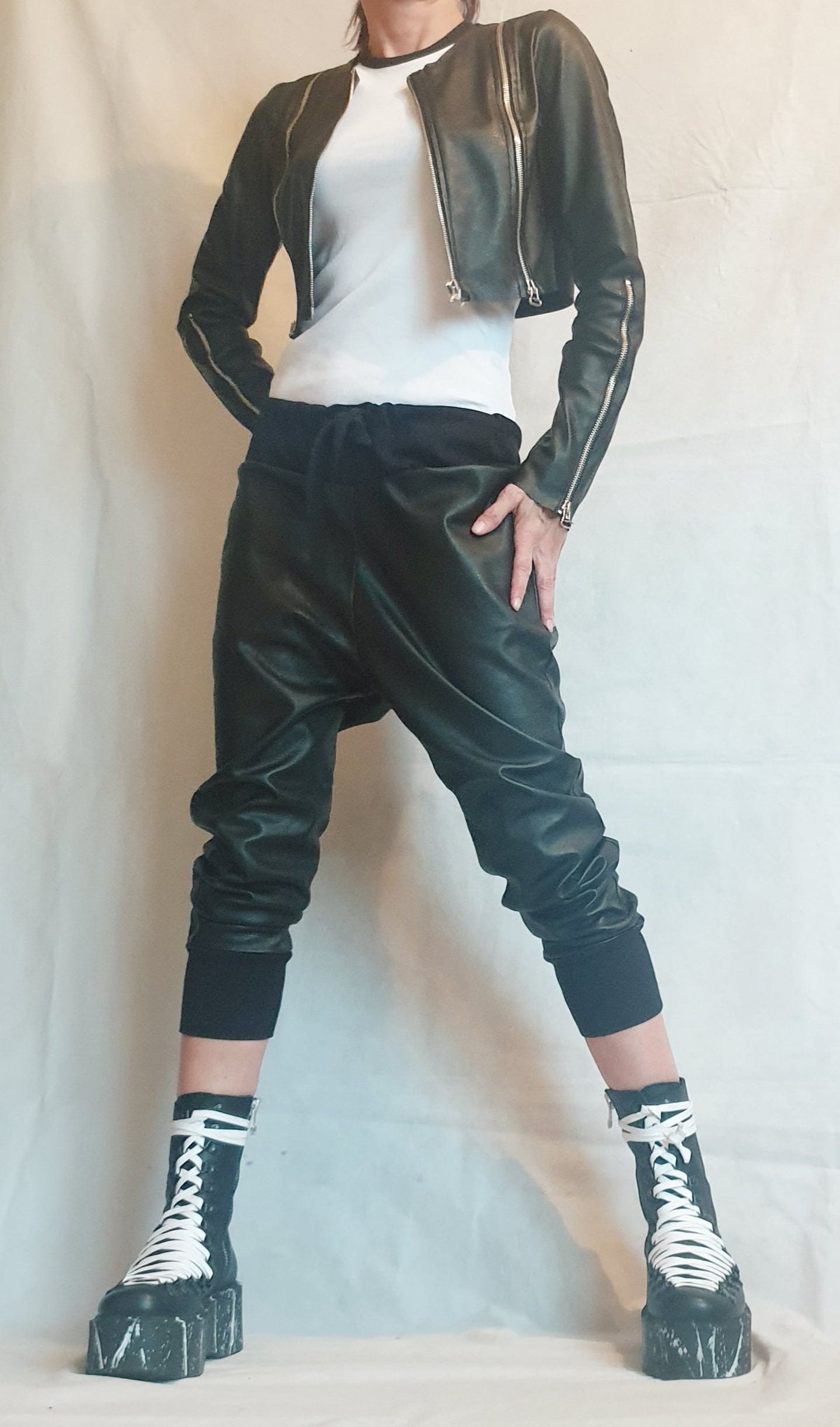 Gold Faux Leather Cropped Jacket, Fitted Long Sleeve Bolero, Multiple Zipper Design