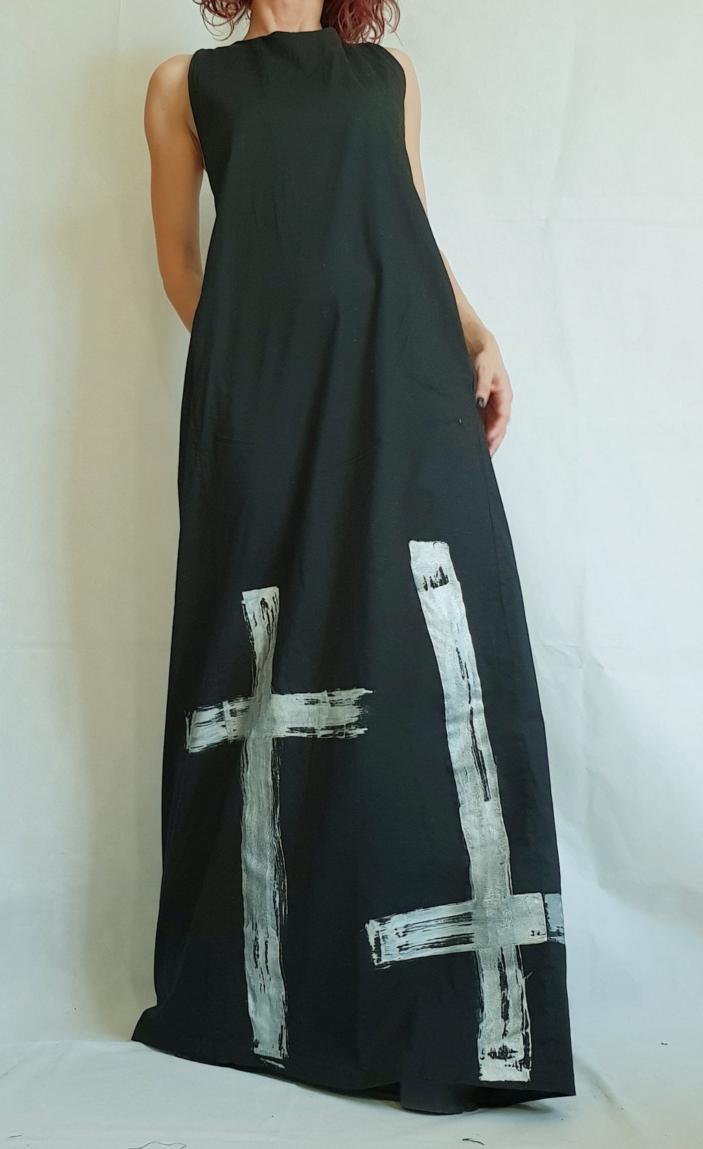 Black Open Back Maxi Gothic Dress, Sleeveless Plus Size Kaftan