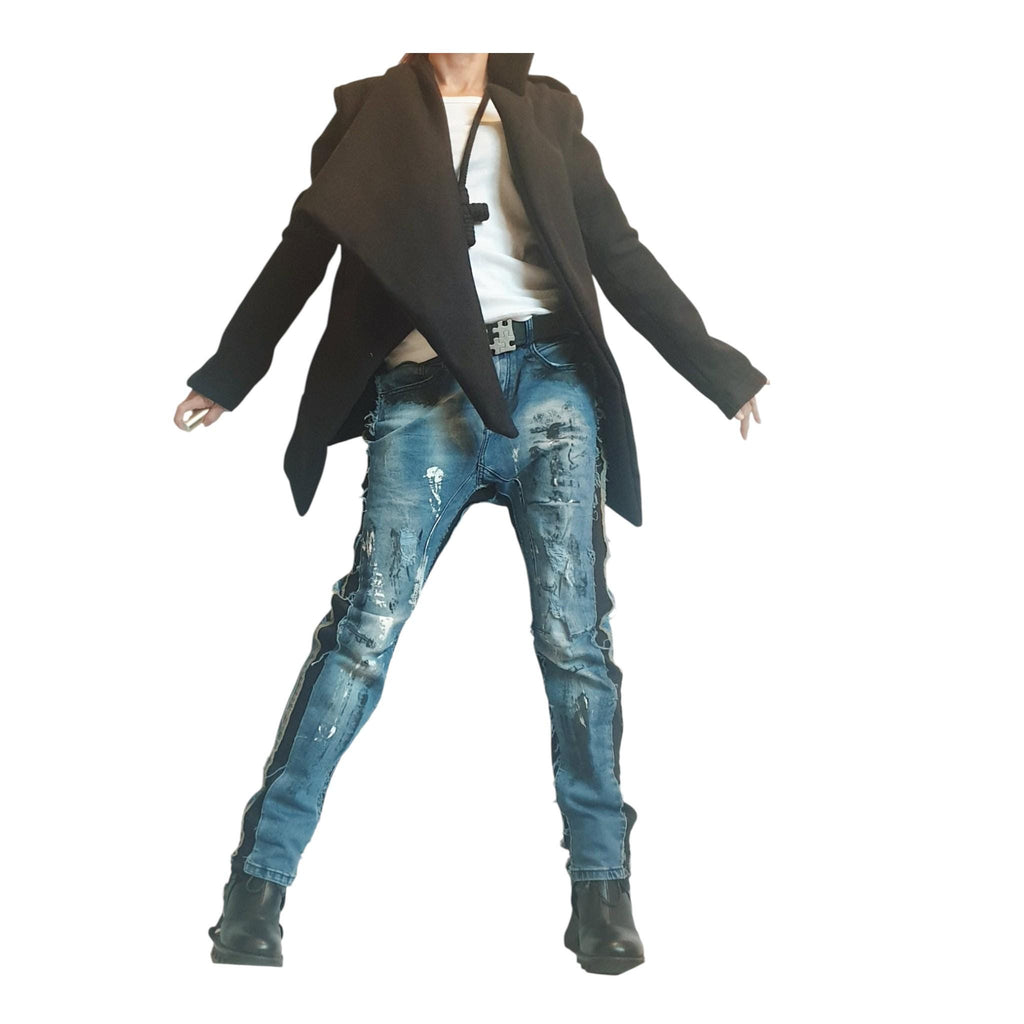 Black Asymmetrical Blazer, Tailored Jacket with Wide Shawl Collar, Button Closure