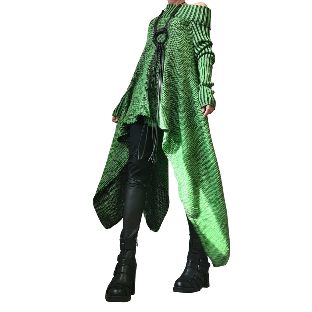 Green Asymmetric Knitted Top, Open Shoulder Sweater, Plus Size Long Sleeve Tunic