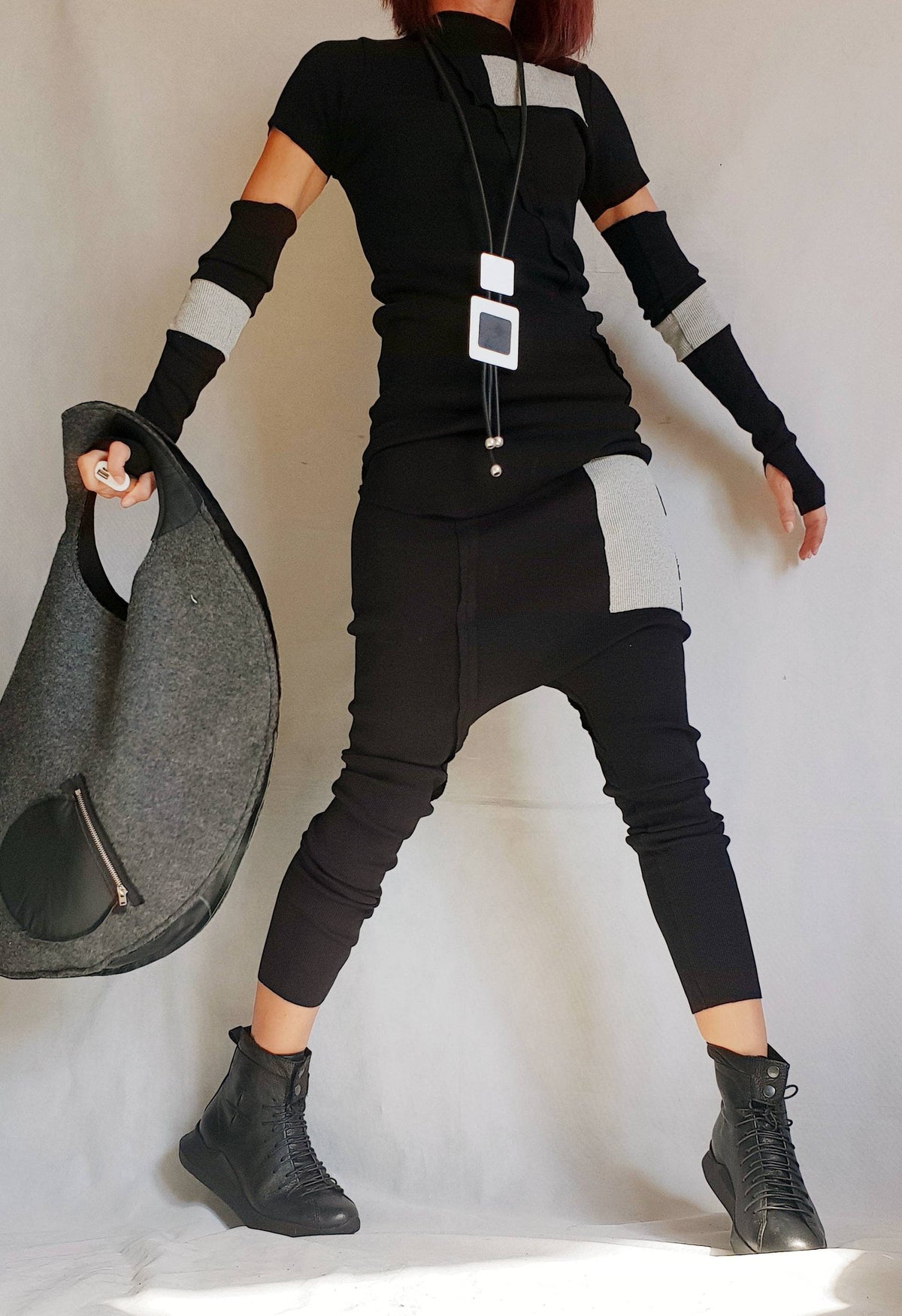 Black White Cotton Harem Pants, Asymmetrical Blouse, Detachable Sleeves with Thumb Holes, Co-Ord Set