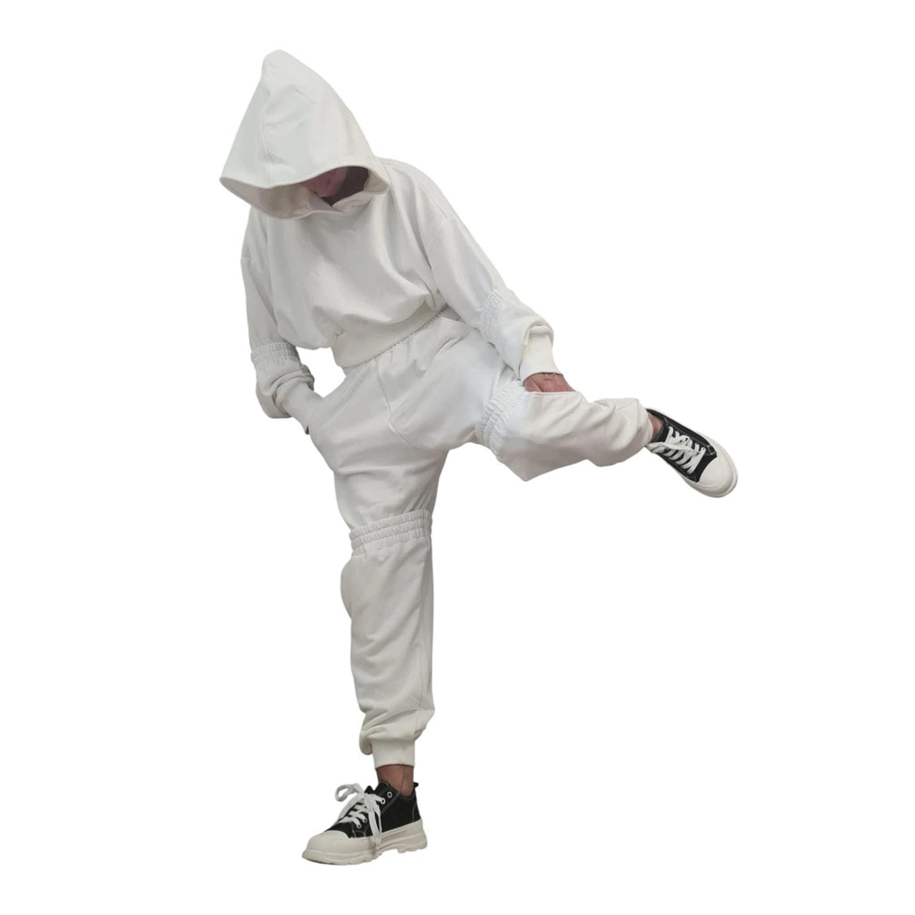 White Cotton Cargo Jogger Pants, Oversized Cropped Hoodie, Ruched Knee Panels, Two-Piece Co-Ord Set