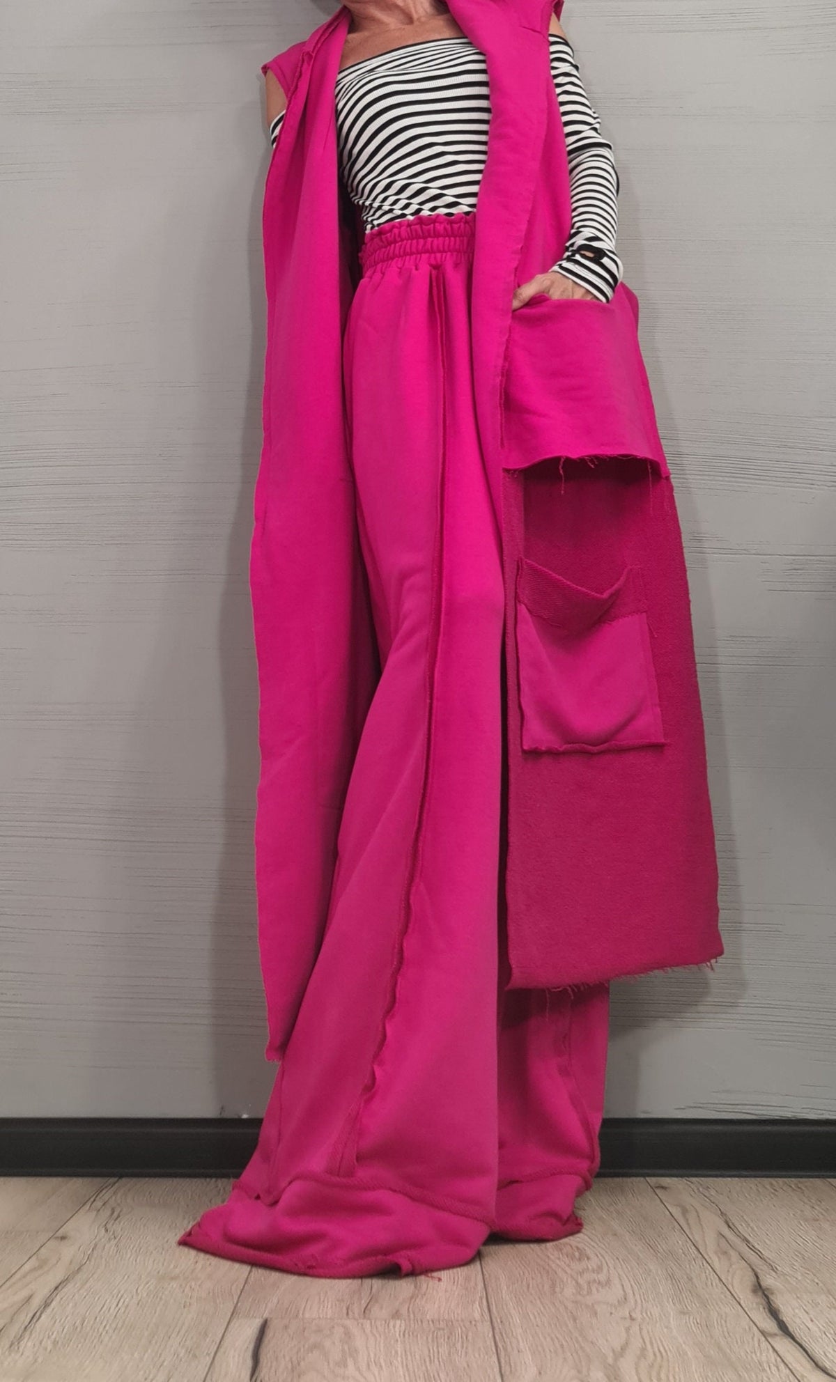 Fuchsia Cotton Wide-Leg Pants, Asymmetrical Long Short Vest, Two-Piece Co-Ord Set