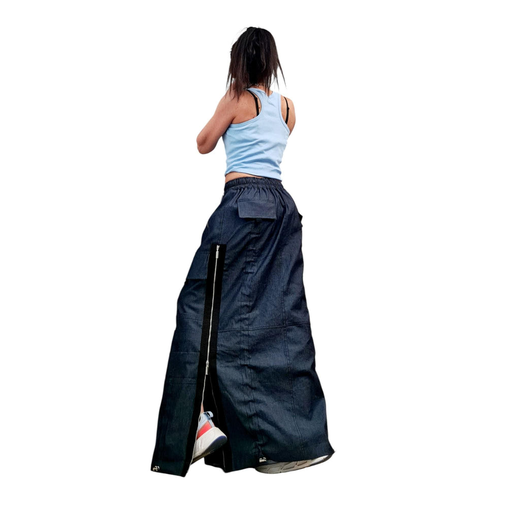 Extravagant Denim Maxi Skirt with Zippers, Cargo Pockets, Convertible Tube Dress, Avant Garde Festival Streetwear, Custom Made