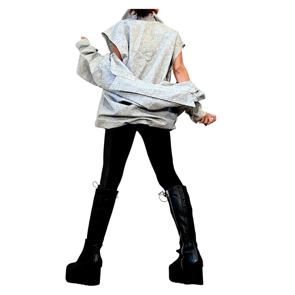 Grey Linen Transformable Shirt with Corset, Asymmetric Oversize Shirt