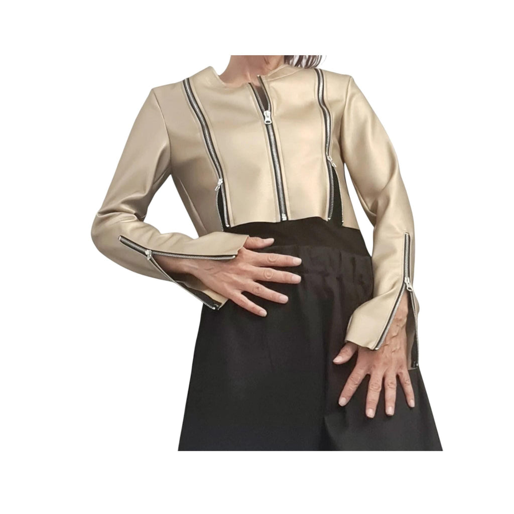 Gold Faux Leather Cropped Jacket, Fitted Long Sleeve Bolero, Multiple Zipper Design