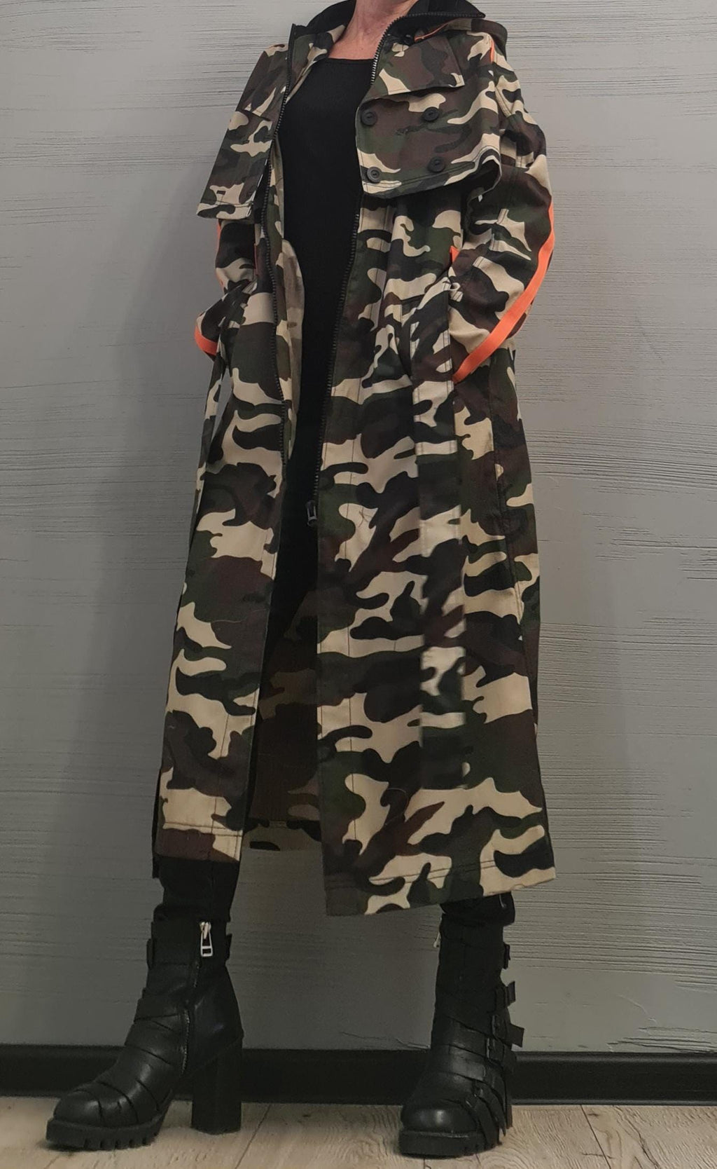 Camouflage Two-Piece Set, Cropped Hooded Jacket, Belted Maxi Vest, Orange Stripes