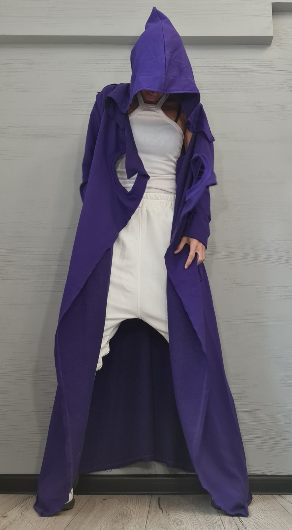 Purple Long Hooded Cardigan, Asymmetric Oversized Cotton Coat, Plus Size, Large Round Pockets
