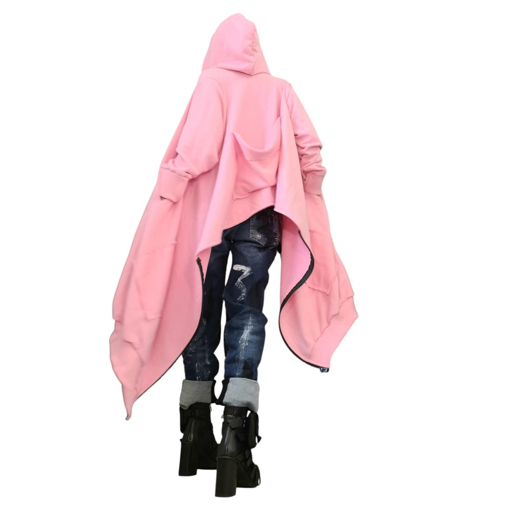 Pink Asymmetrical Hooded Sweatshirt, Cropped Back Cotton Jacket, Long Side Panels