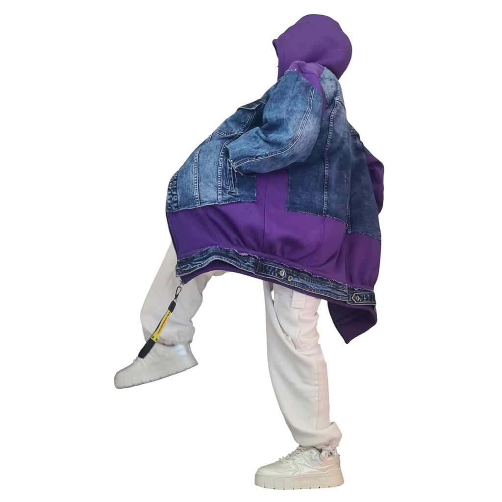 Purple Avant Garde Denim Hoodie, Oversized Cotton Sweatshirt, Designer Streetwear for Women