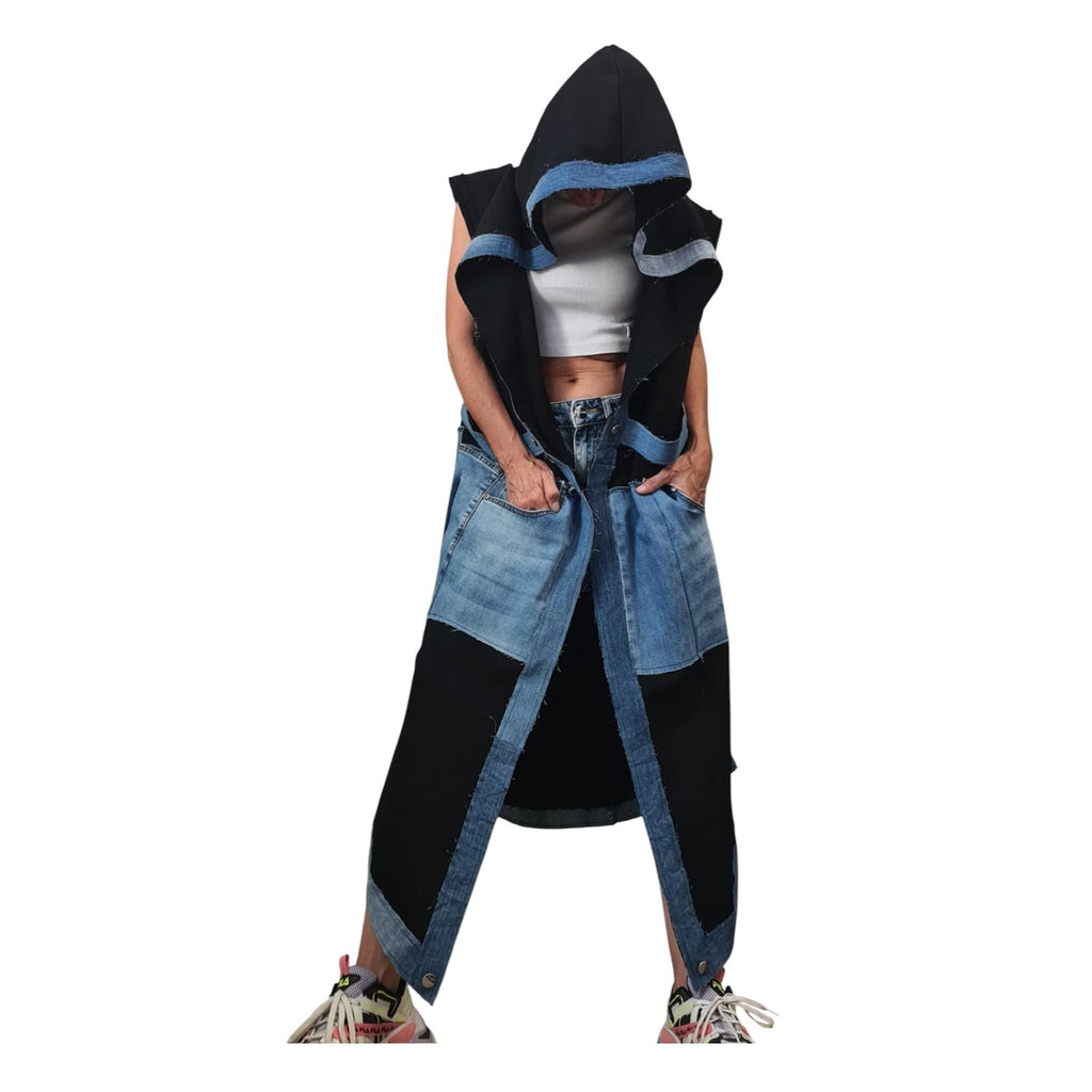 Gothic Denim Cotton Asymmetric Long Vest, Extravagant Maxi Style