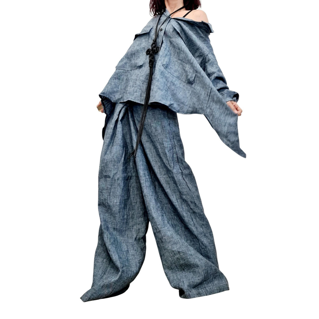 Red Linen Two Piece Women Set, Open Back Shirt, Wide Leg Harem Pants Outfit