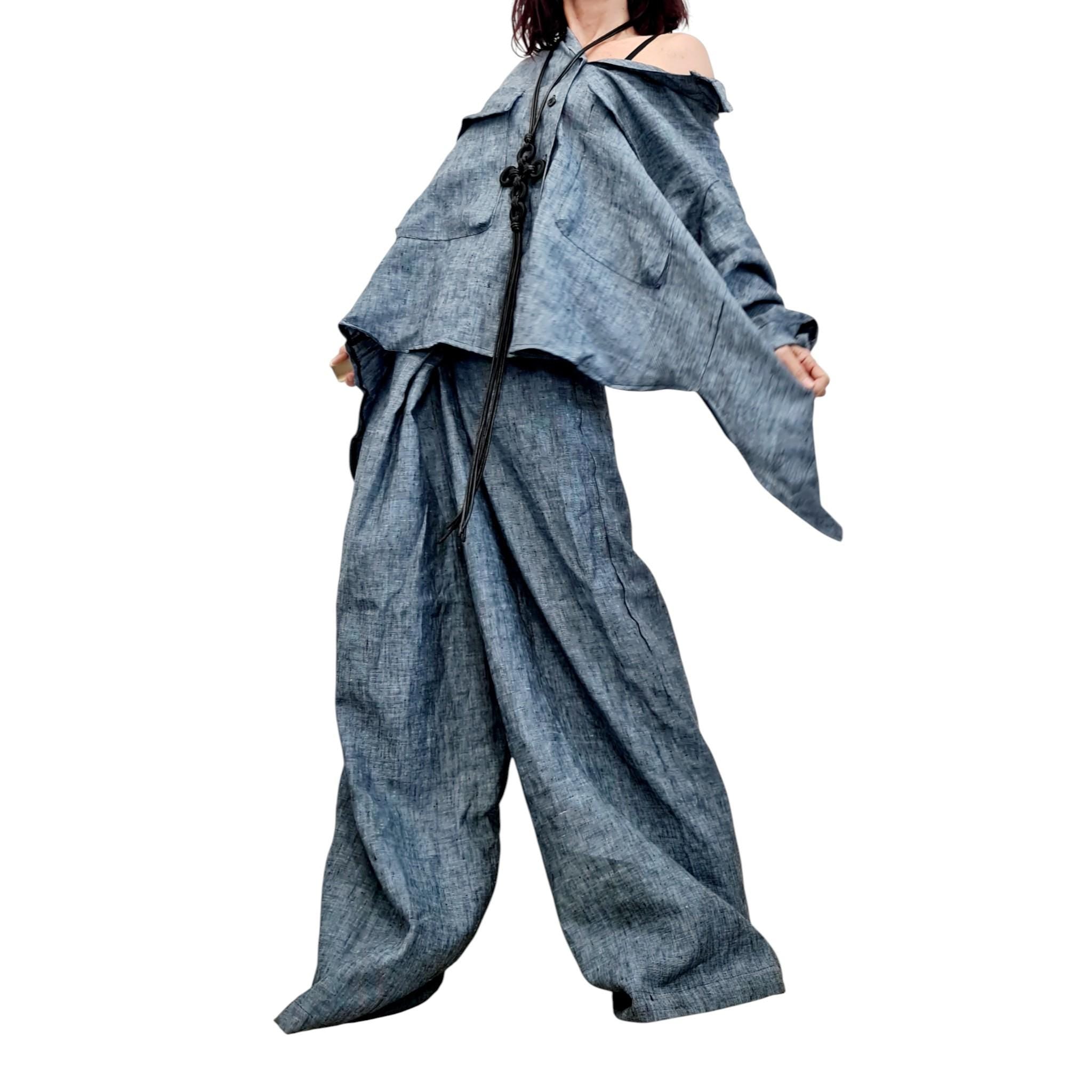 Red Linen Two Piece Women Set, Open Back Shirt, Wide Leg Harem Pants Outfit