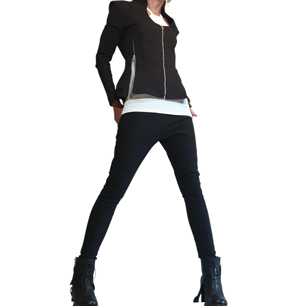 Black Fitted Zip Blazer, Structured Shoulders, Shaped Waist, Back Zip Panels, Plus Size