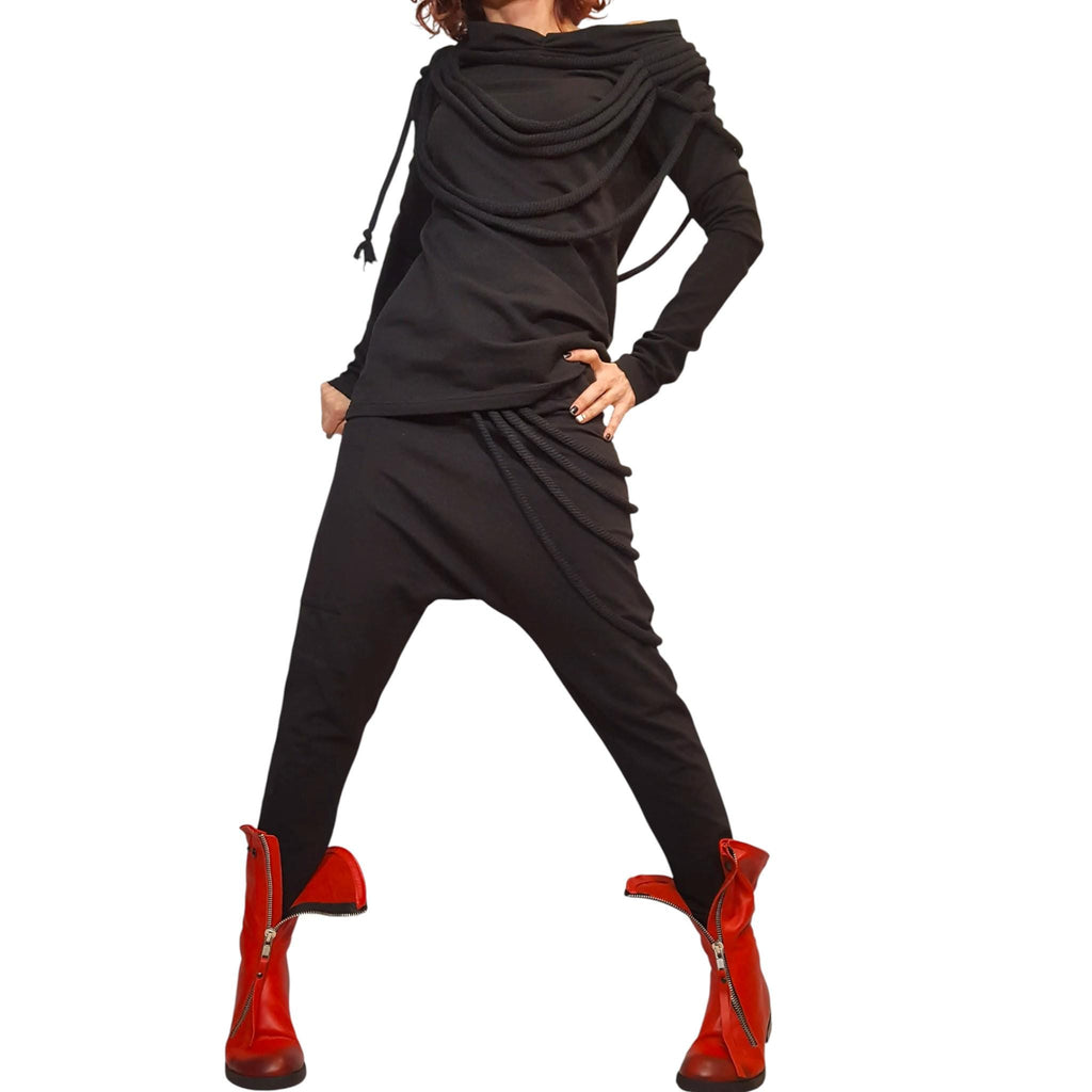 Black Cotton Drop Crotch Harem Pants, Fitted Draped Cowl Neck Top, Two-Piece Co-Ord Set