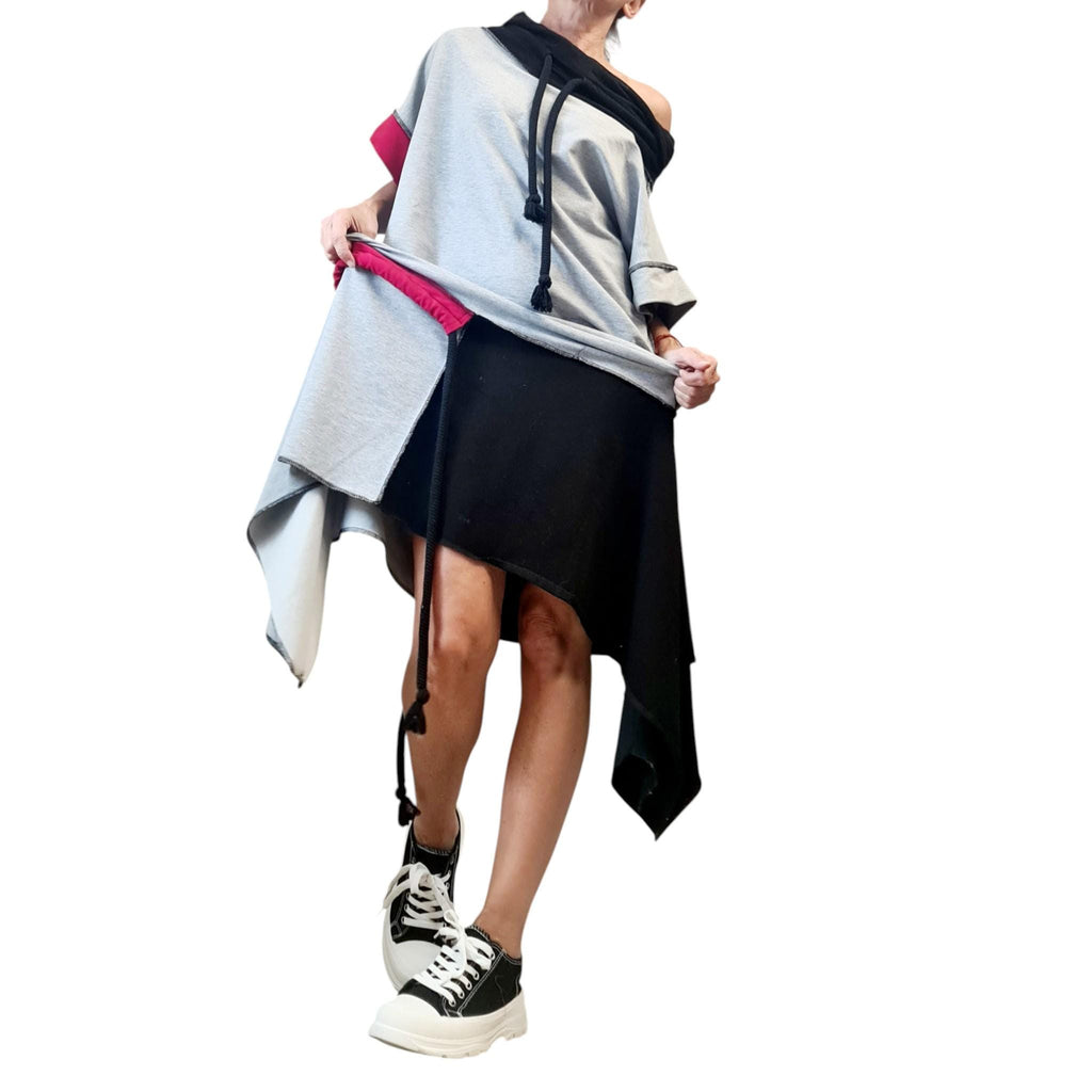 Asymmetric Cotton Patchwork Dress, Oversized Off Shoulder Tunic