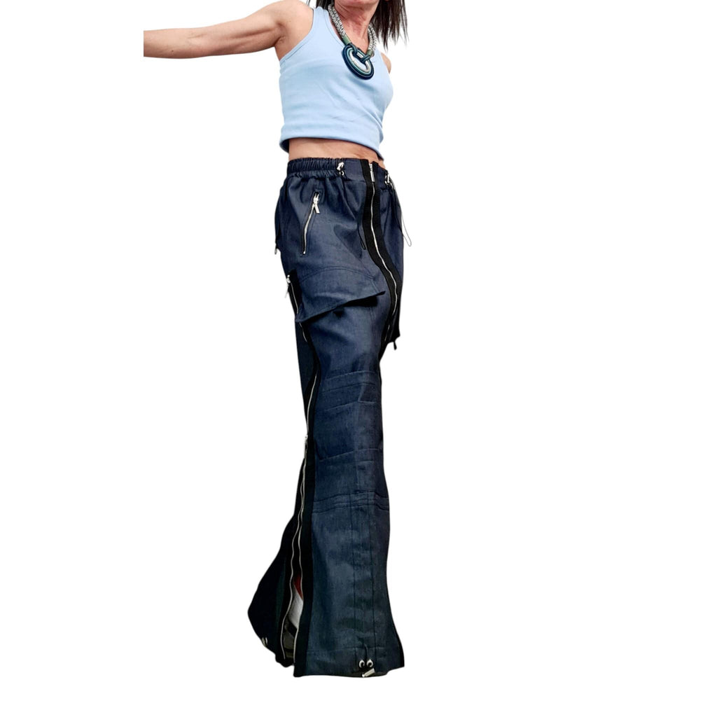 Convertible Denim Maxi Skirt, Cargo Pockets, Festival Streetwear