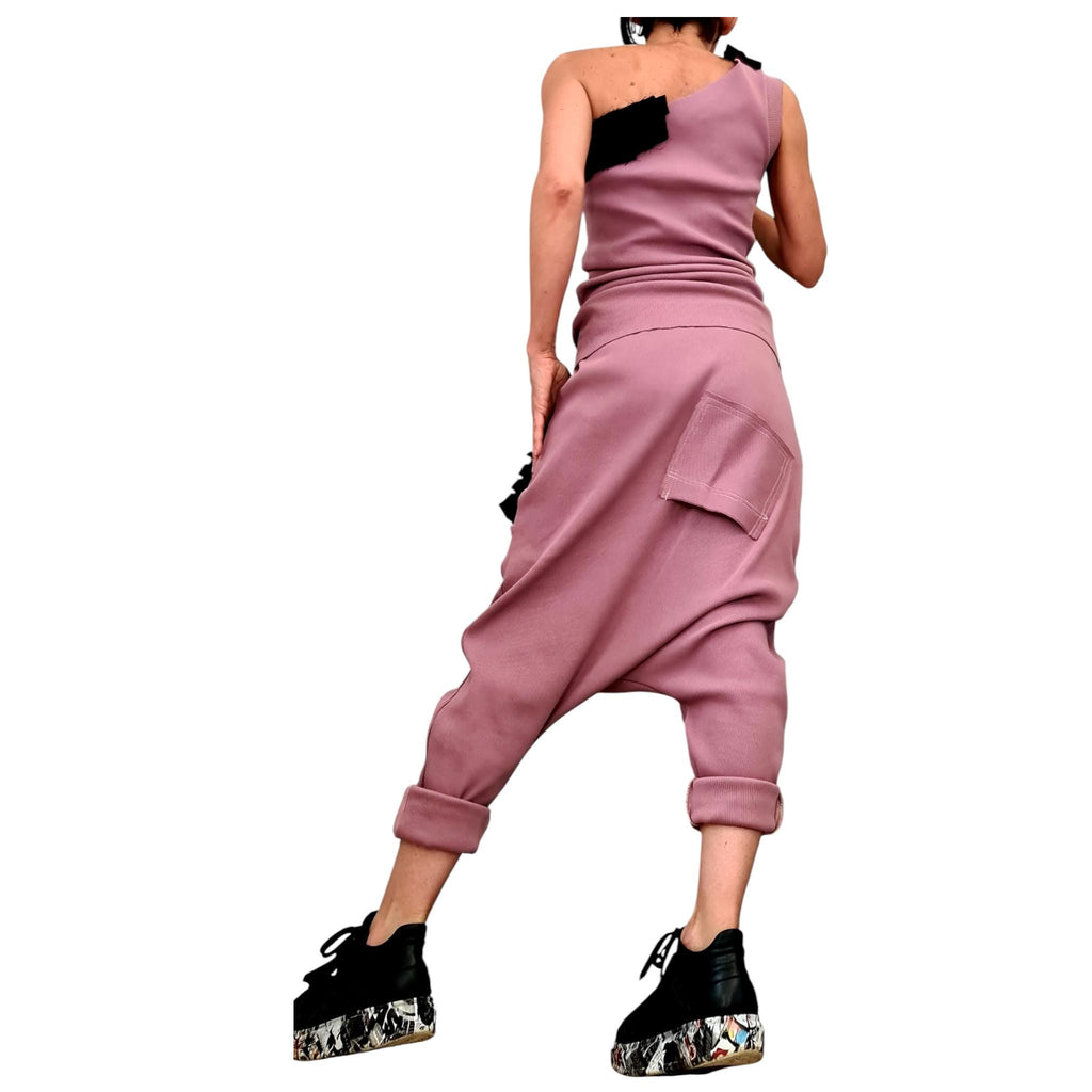Dusty Rose Cotton Drop Crotch Harem Pants, One-Shoulder Ribbed Top, Black Trim, Co-Ord Set
