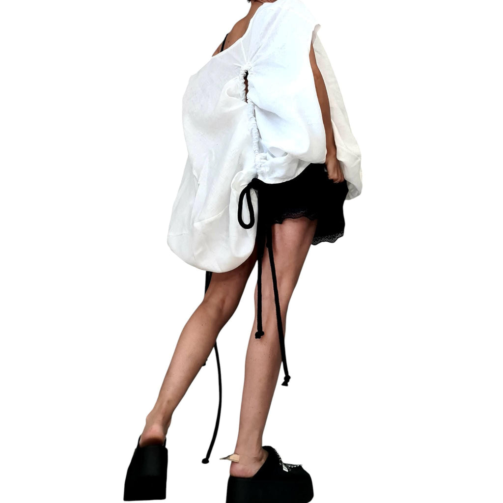 White Linen Tunic Dress, Adjustable Length, Plus Size Linen Clothing