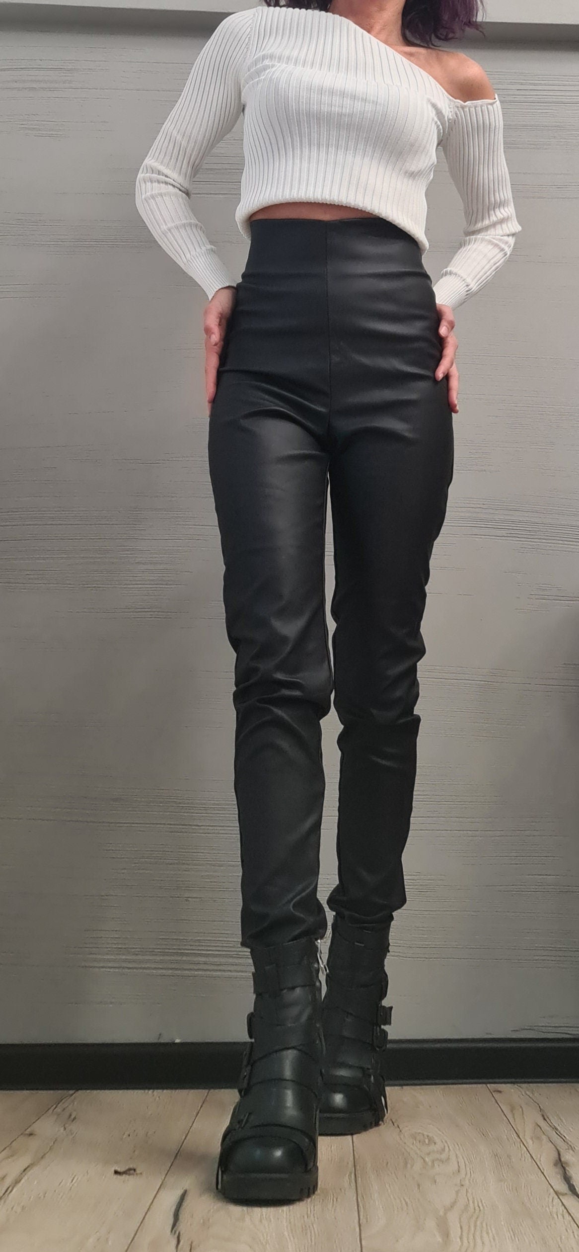 Black Faux Leather Skinny Pants, High Waist Trousers, Gothic Fashion