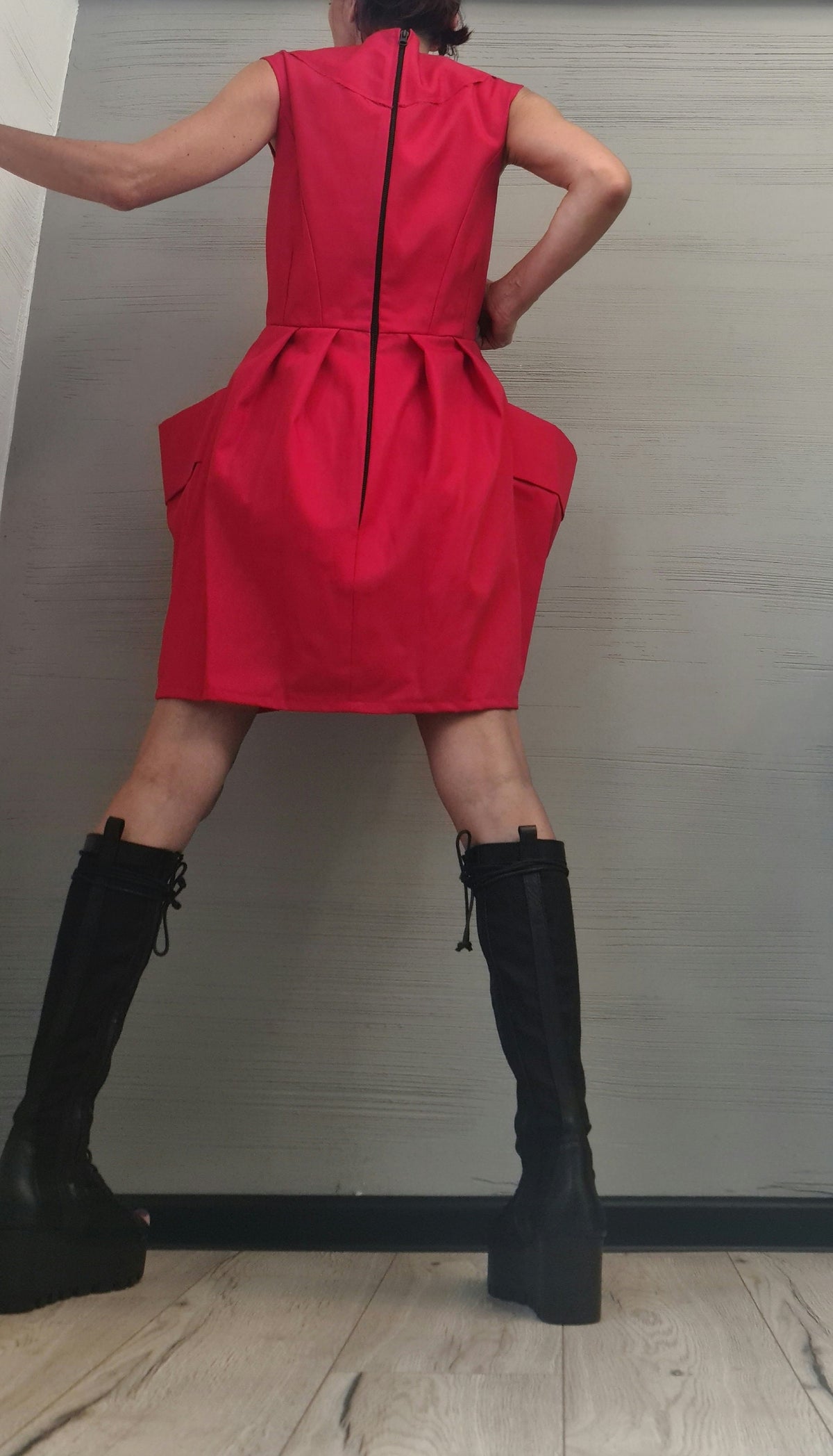 Red Asymmetrical Dress, Cotton Loose Fit, Sleeveless Plus Size, Extravagant Pocket
