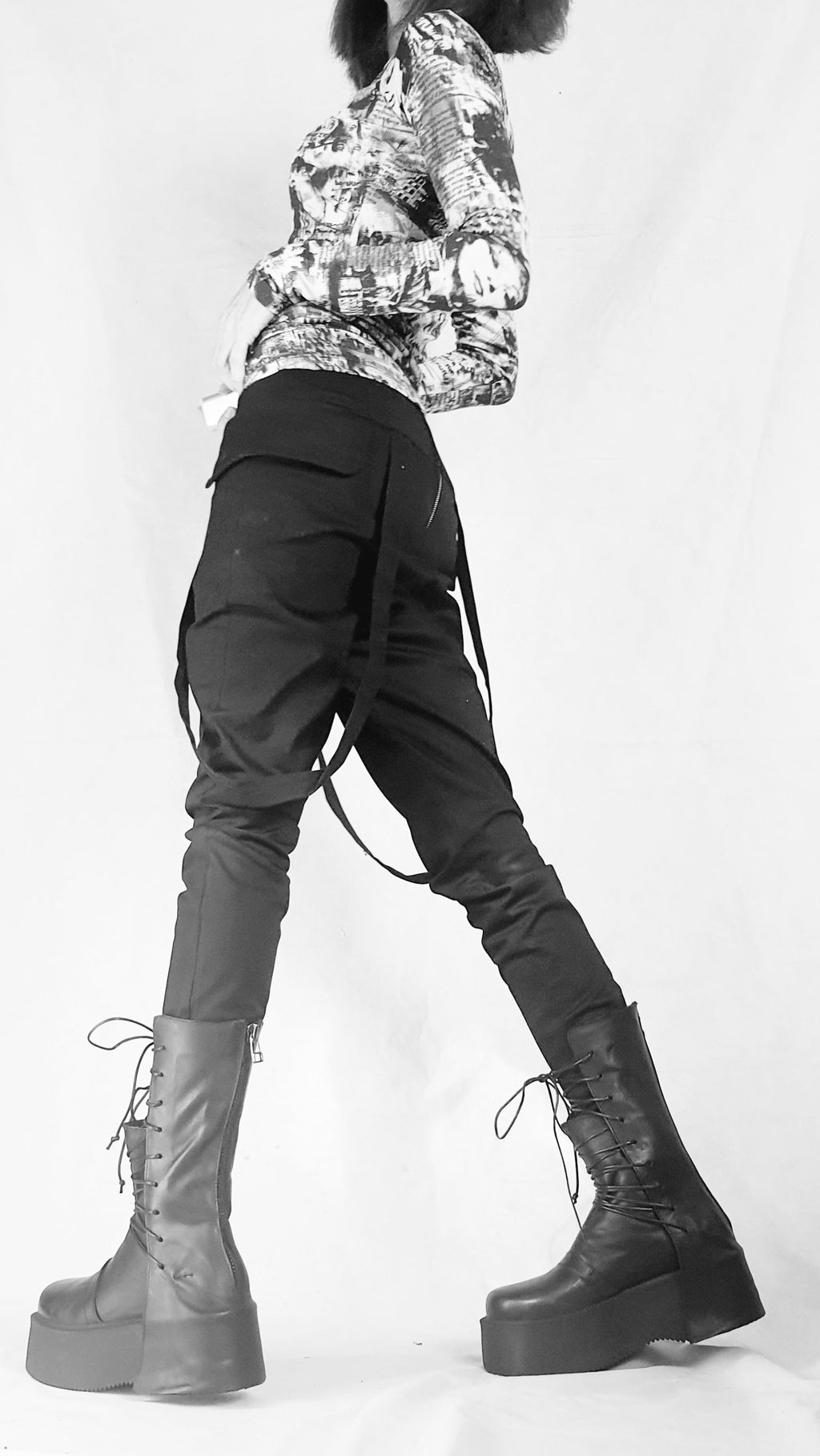 Black Slim Leg Pants, Side Pockets, Decorative Suspenders