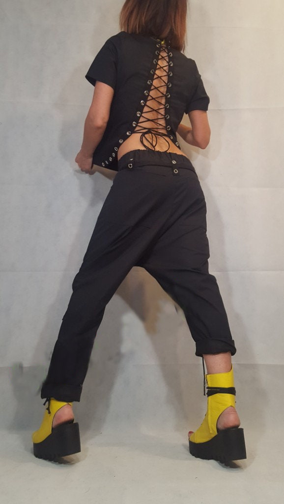 Black Drop Crotch Pants, Knee Cut Out Trousers, Lace Up Detail