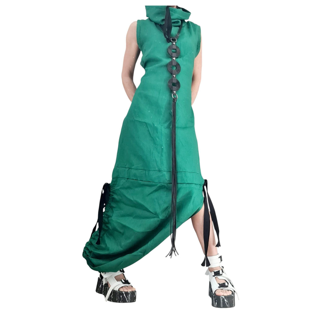Green Linen Maxi Dress, Open Back, Asymmetric Sleeveless Fit, Avant Garde Plus Size Dress