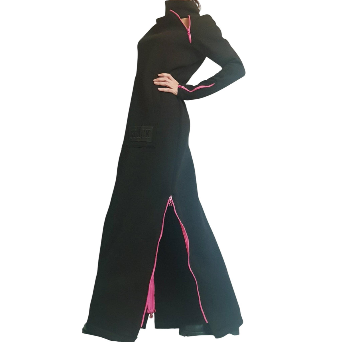Black Maxi Dress Long Sleeve, Pink Zipper, Handmade Dress for Woman, Plus Size