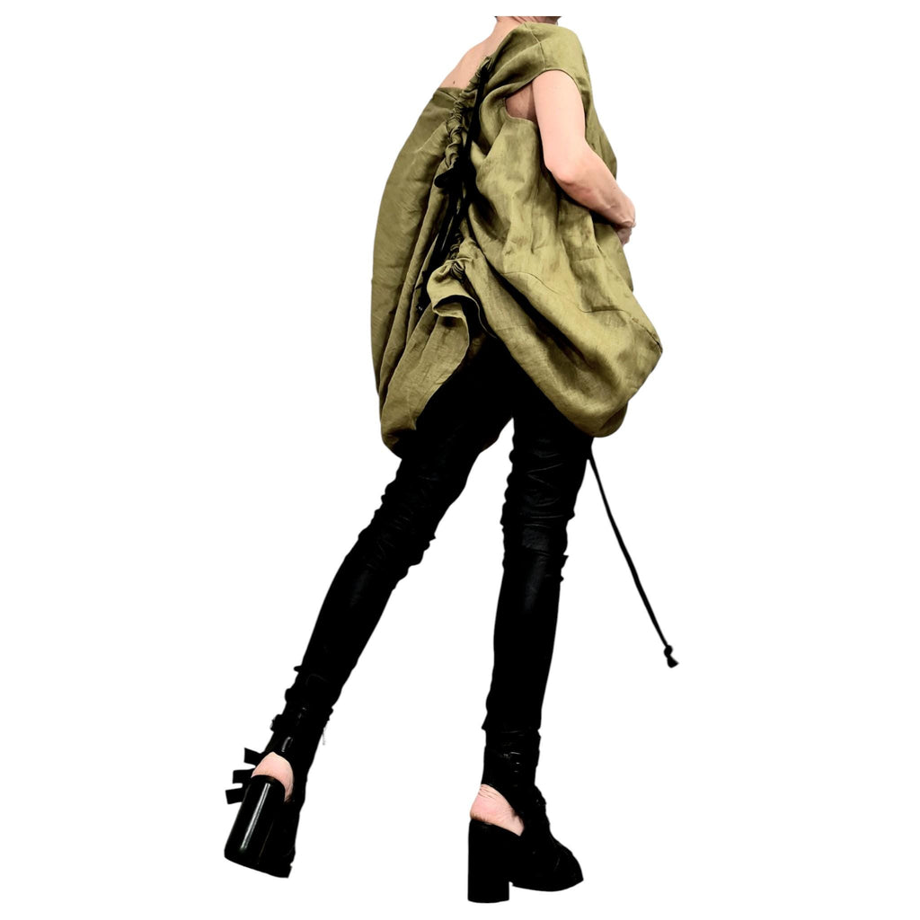 Military Green Linen Tunic, Asymmetric Oversize Top, Adjustable Ruched Kaftan, Plus Size Clothing
