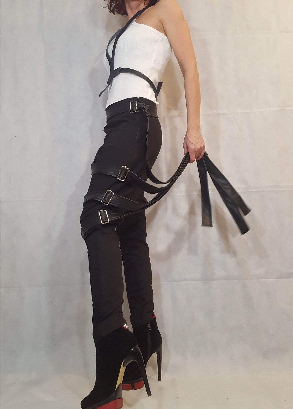 Black Drop Crotch Pants, Leather Belt Straps, Buckle Details, Slim Leg