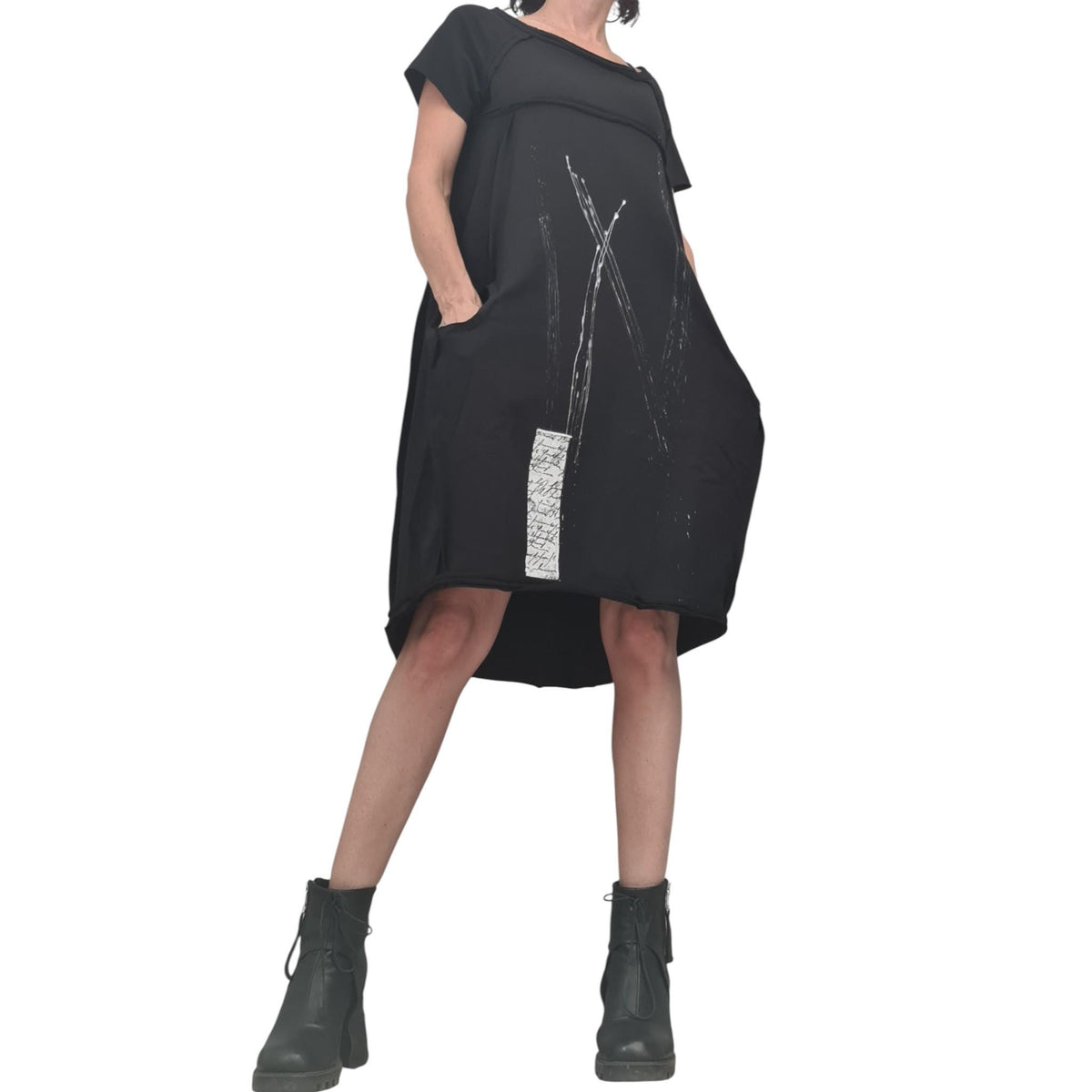 Black French Terry Short Sleeve Dress, One Shoulder Asymmetric Gothic Tunic, Oversized Fit