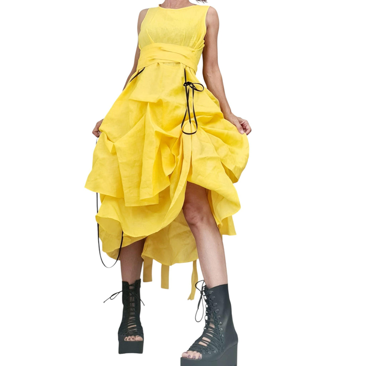 Yellow Linen Dress, Asymmetric Avant Garde Style, Adjustable Volume