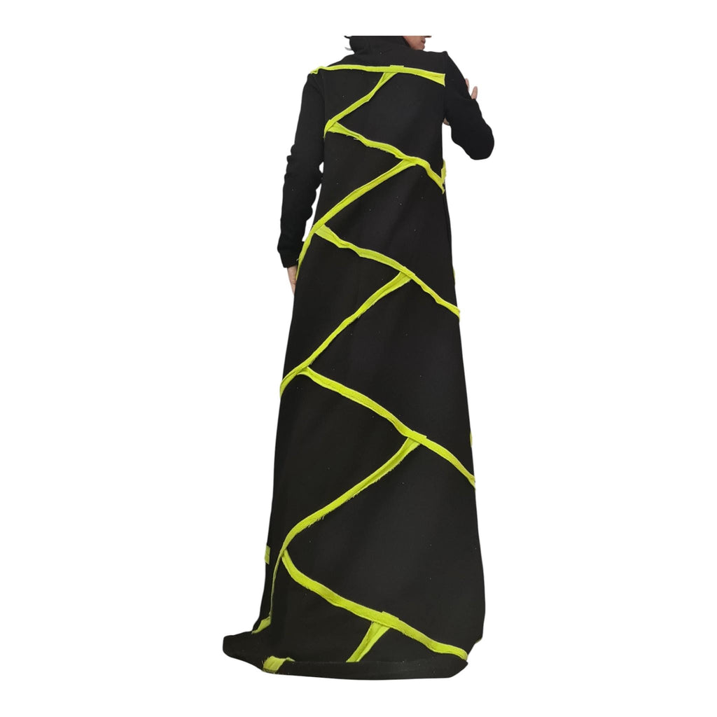 Black Cotton Maxi Dress, Lime Geometric Asymmetric Design, High Neck, Handmade Long Sleeve Dress