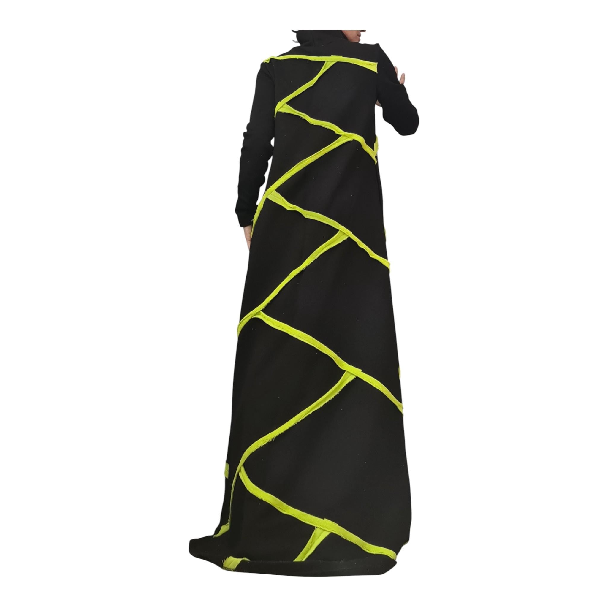 Black Cotton Maxi Dress, Lime Geometric Asymmetric Design, High Neck, Handmade Long Sleeve Dress