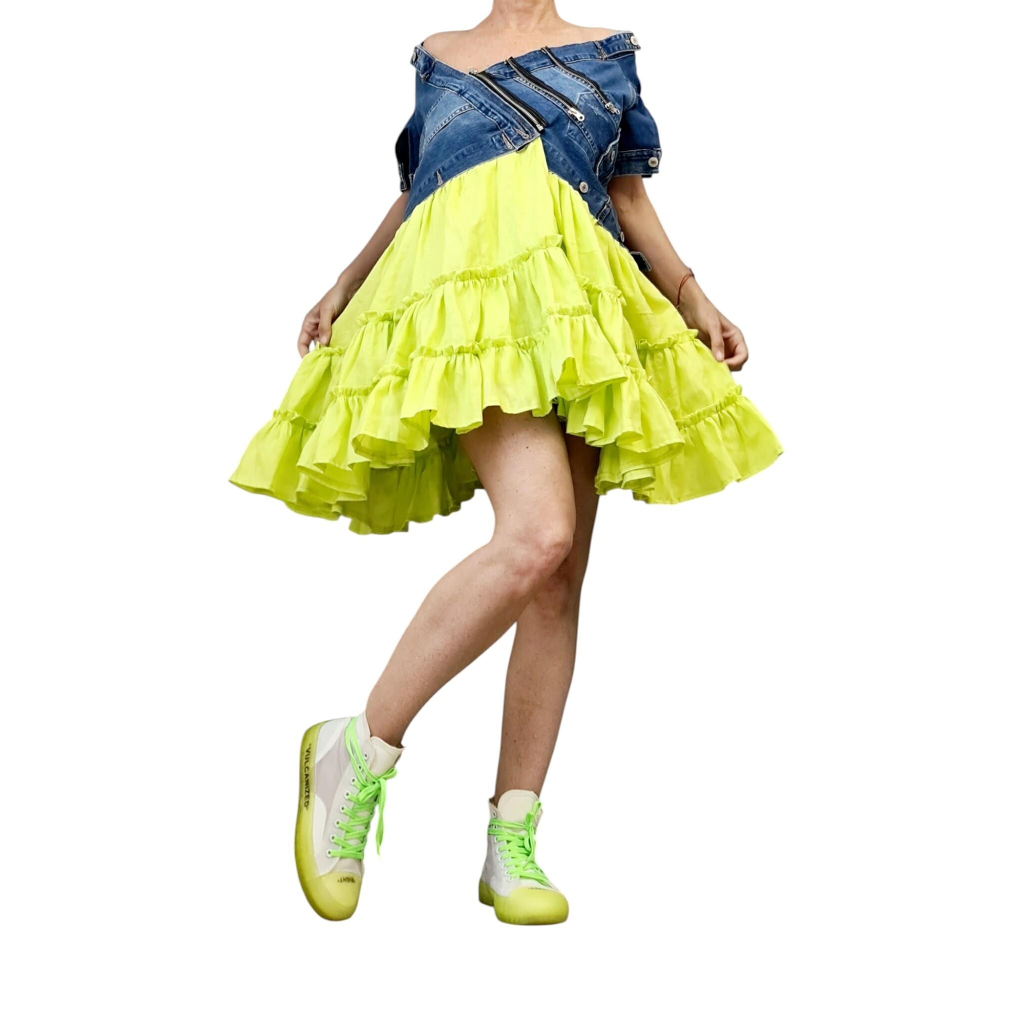 Lime Denim Linen Dress – Asymmetric Off Shoulder Tunic