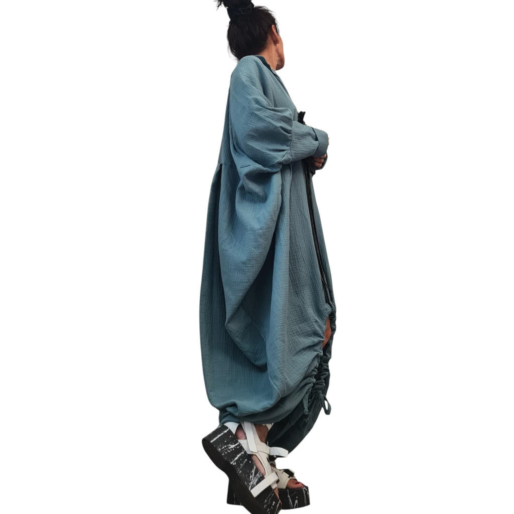 Dusty Teal Muslin Maxi Dress, Double Gauze, Oversized Cotton Kaftan, Boho Loungewear, Plus Size